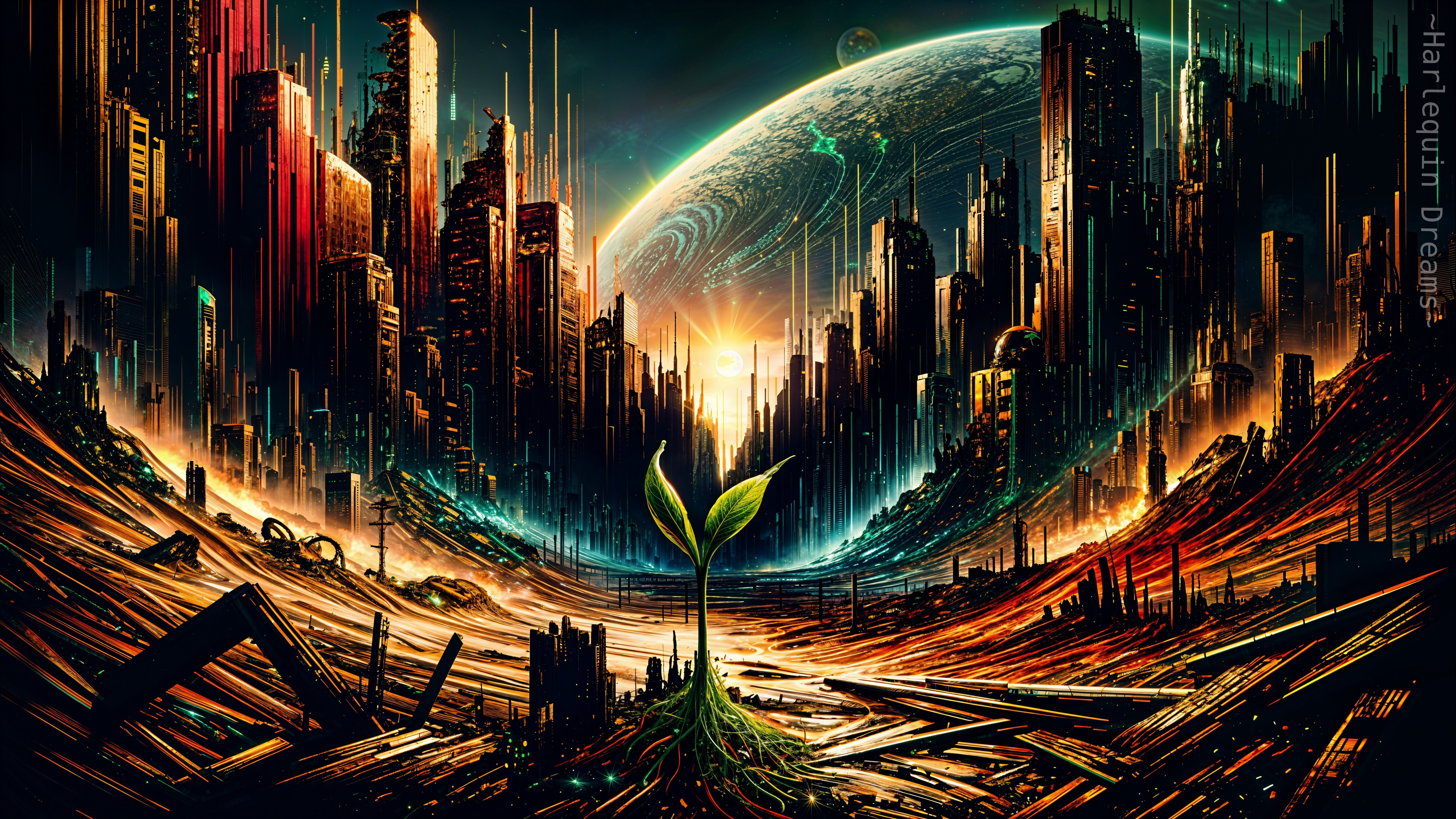 Futuristic Cityscape with Green Sprout Amid Skyscrapers