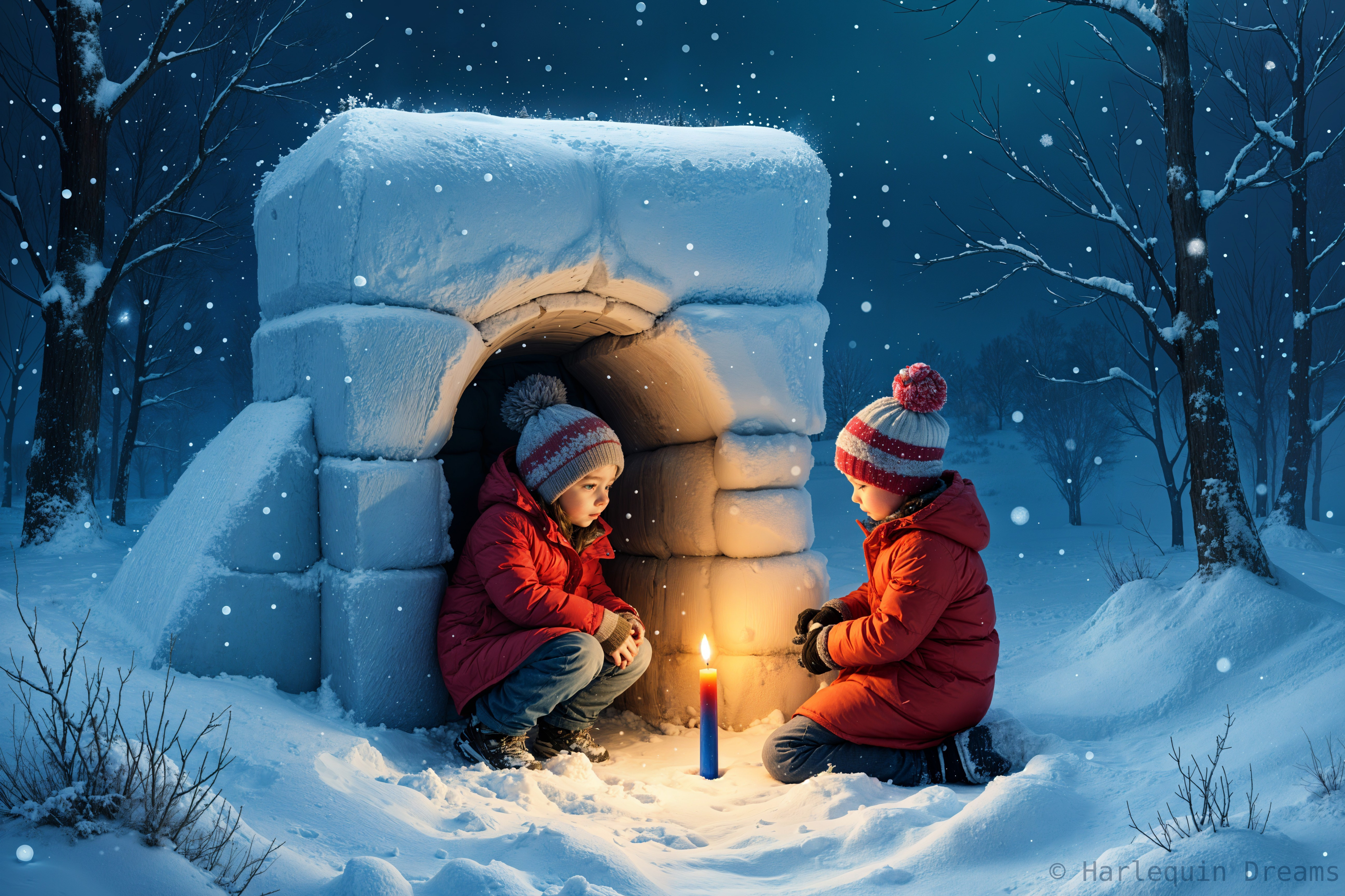 Children in a snow cave with candlelight ambiance