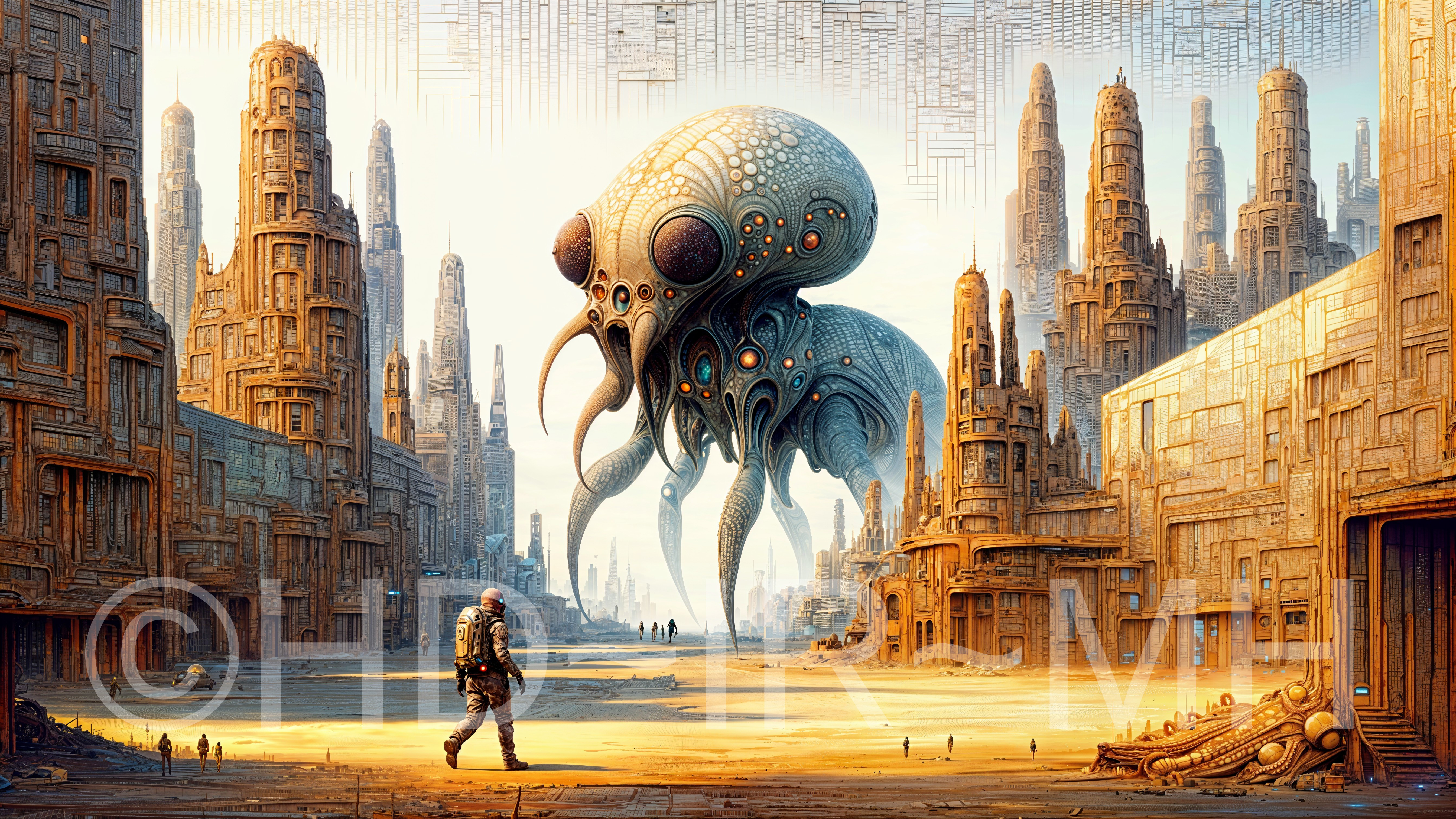 Surreal Landscape with Futuristic Structures and Creature