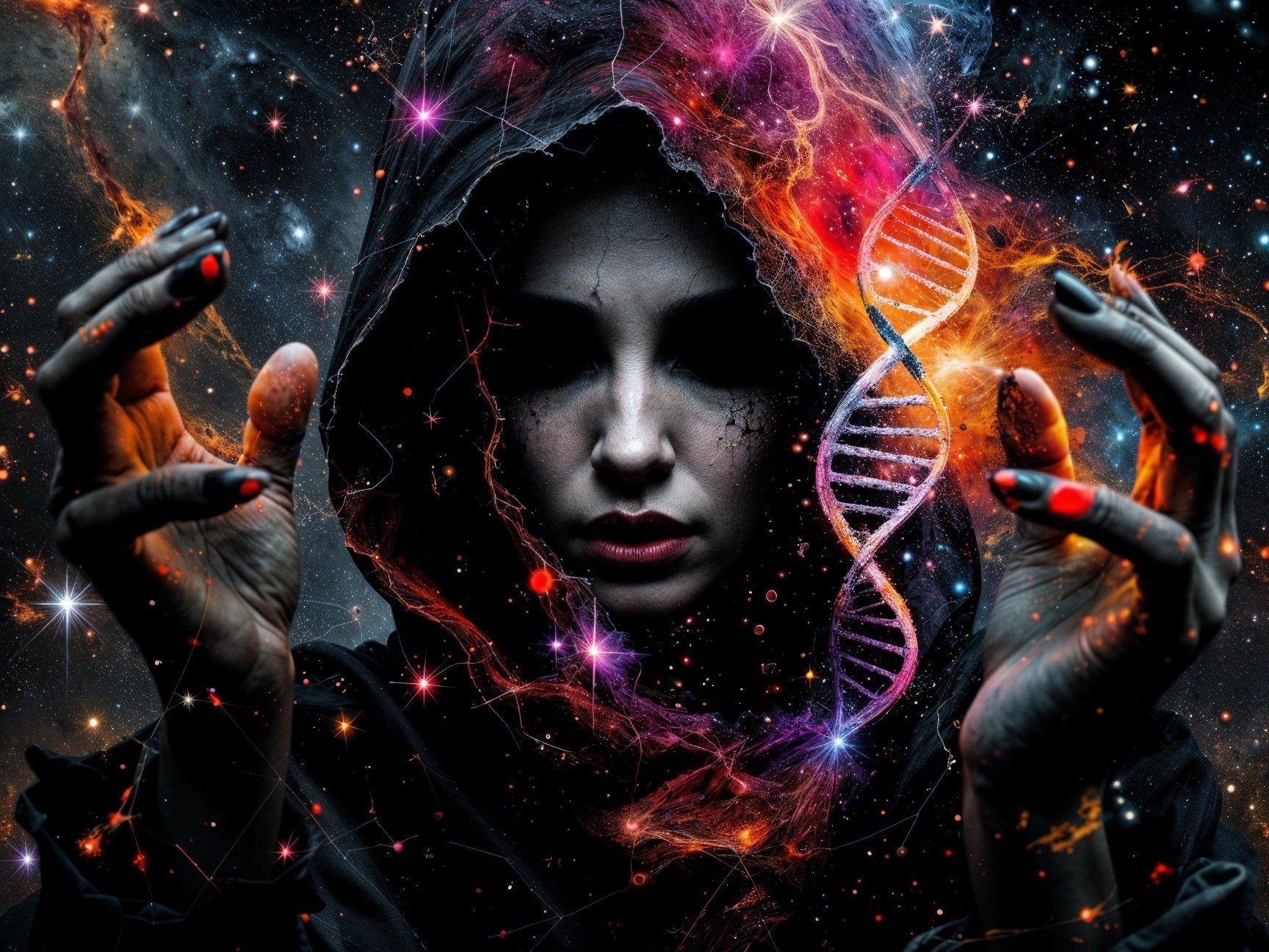 Mystical Sorcerer with DNA Strand in Space Background