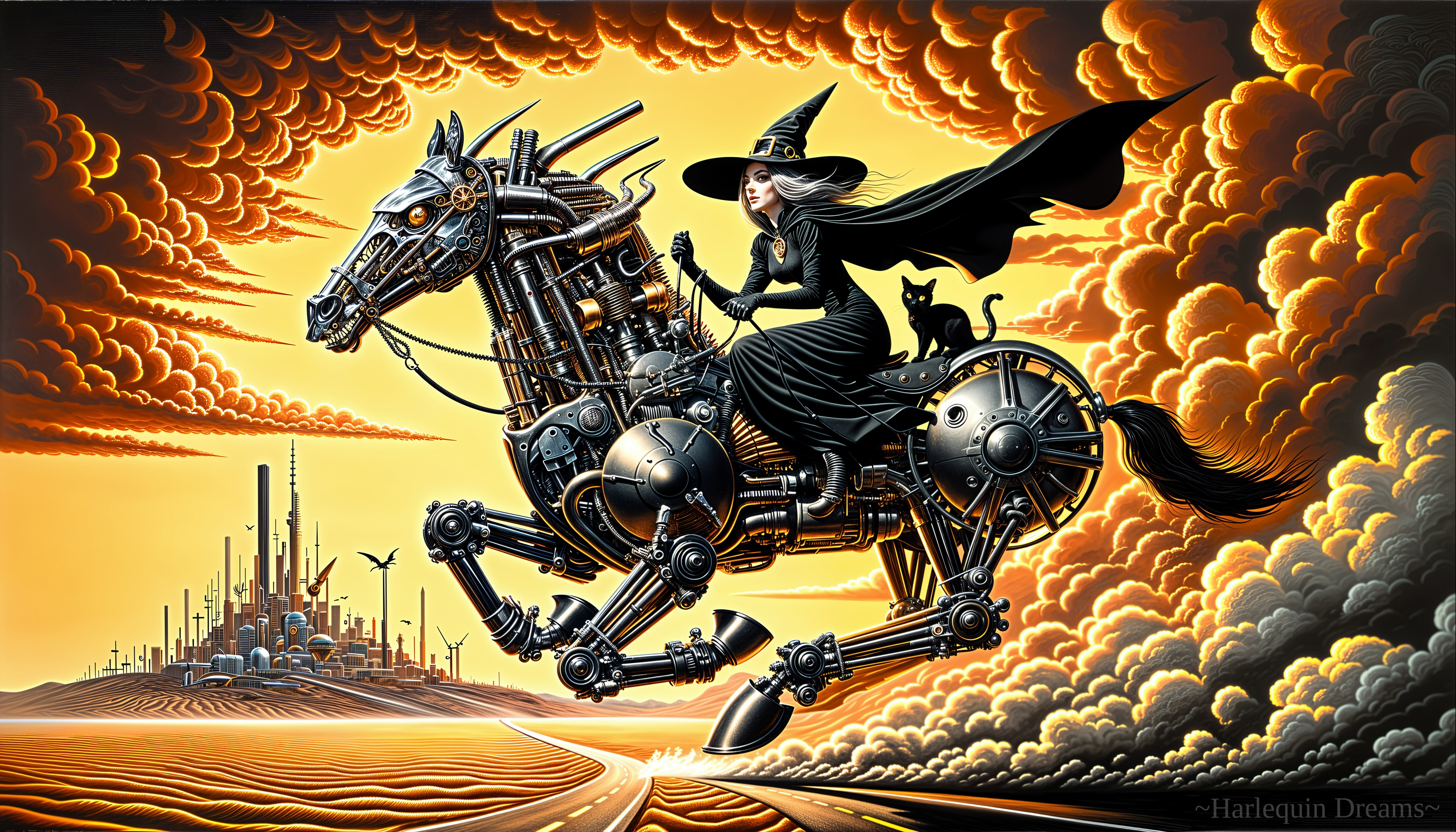 Witch on Mechanical Horse in Surreal Fantasy Landscape