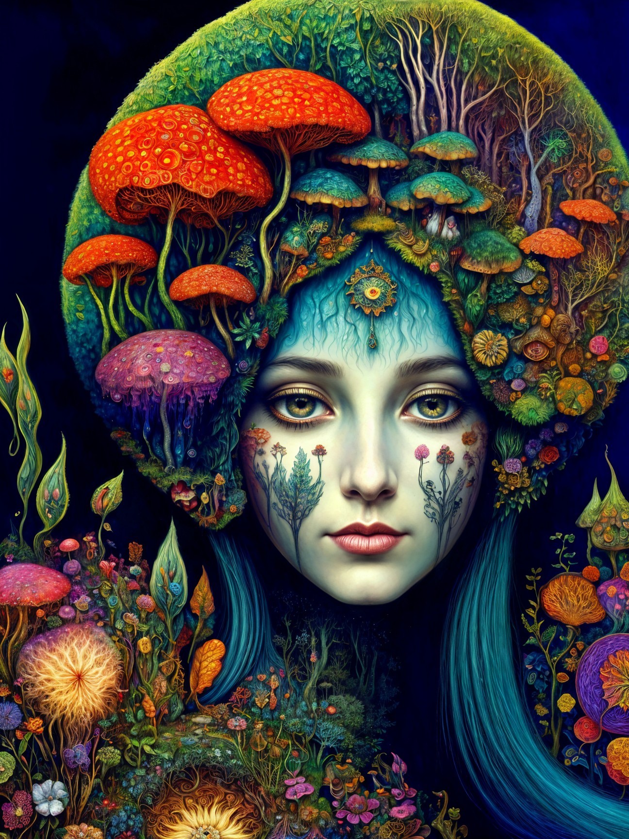 Surreal Portrait of Woman with Mushroom Crown