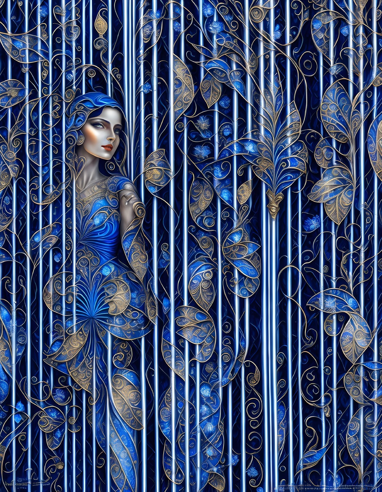 Woman blending with blue and gold Art Nouveau patterns and foliage.
