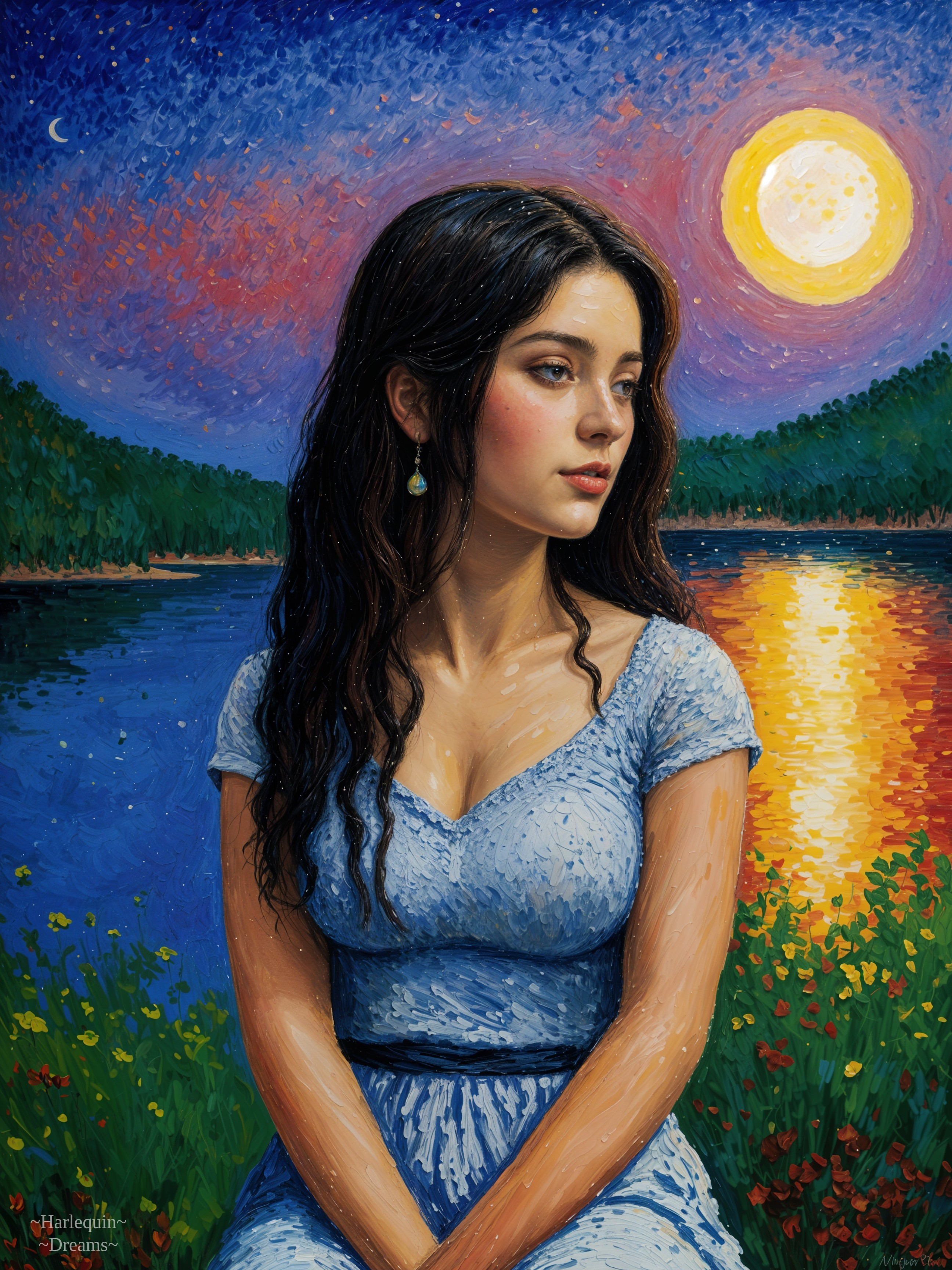 Young woman by a tranquil lake at sunset