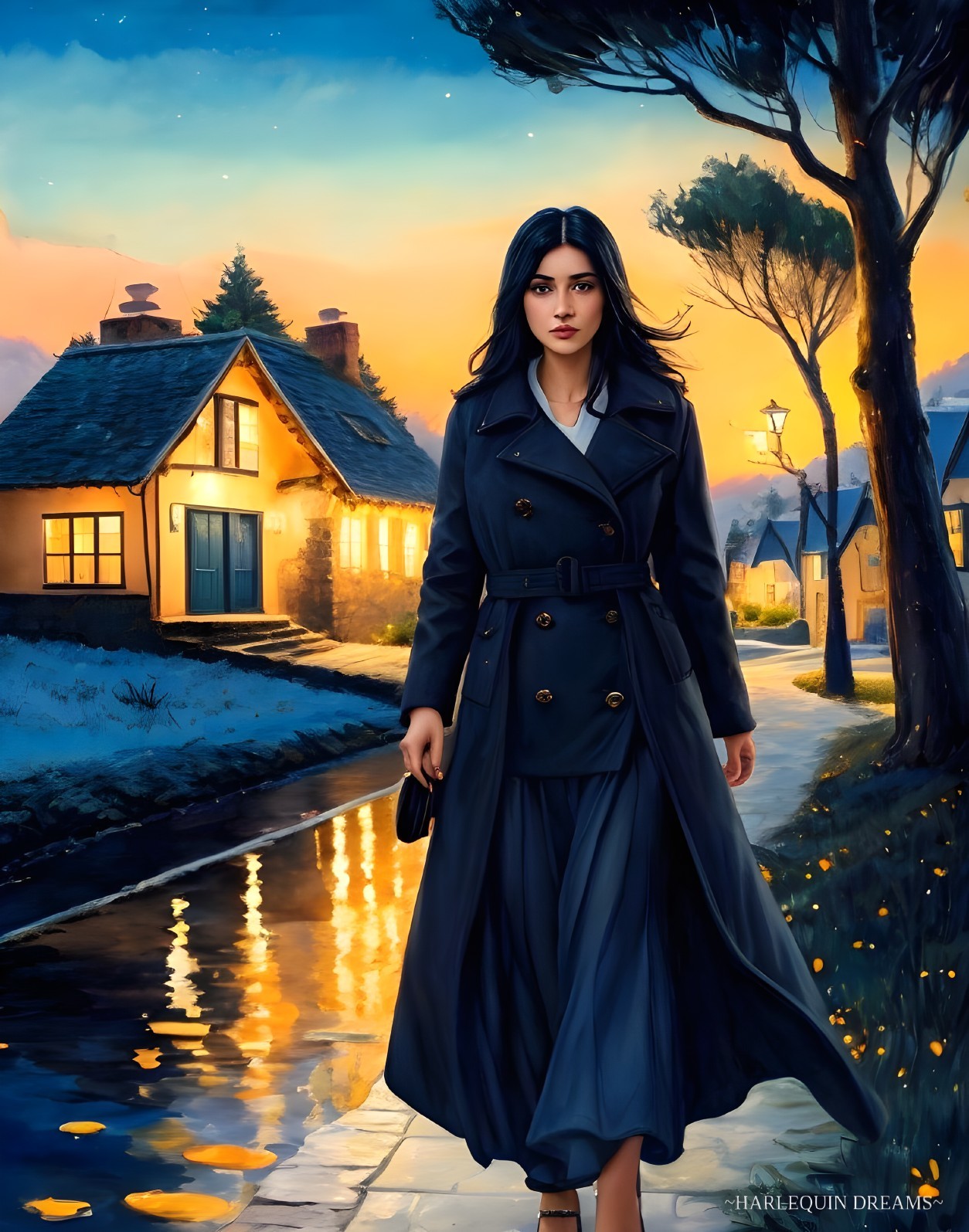 Woman in trench coat walks cobblestone street at dusk