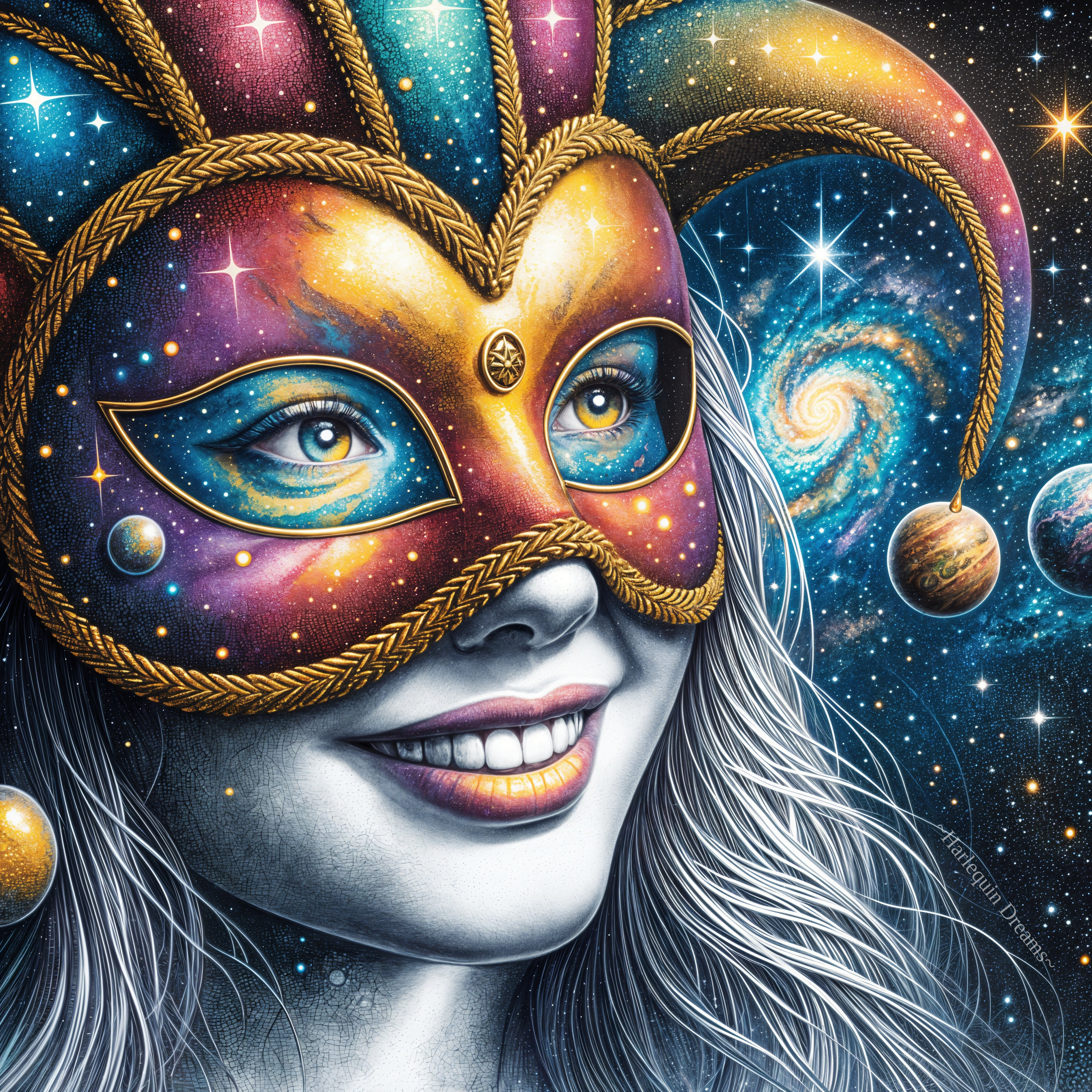 Whimsical Character with Celestial Masquerade Mask