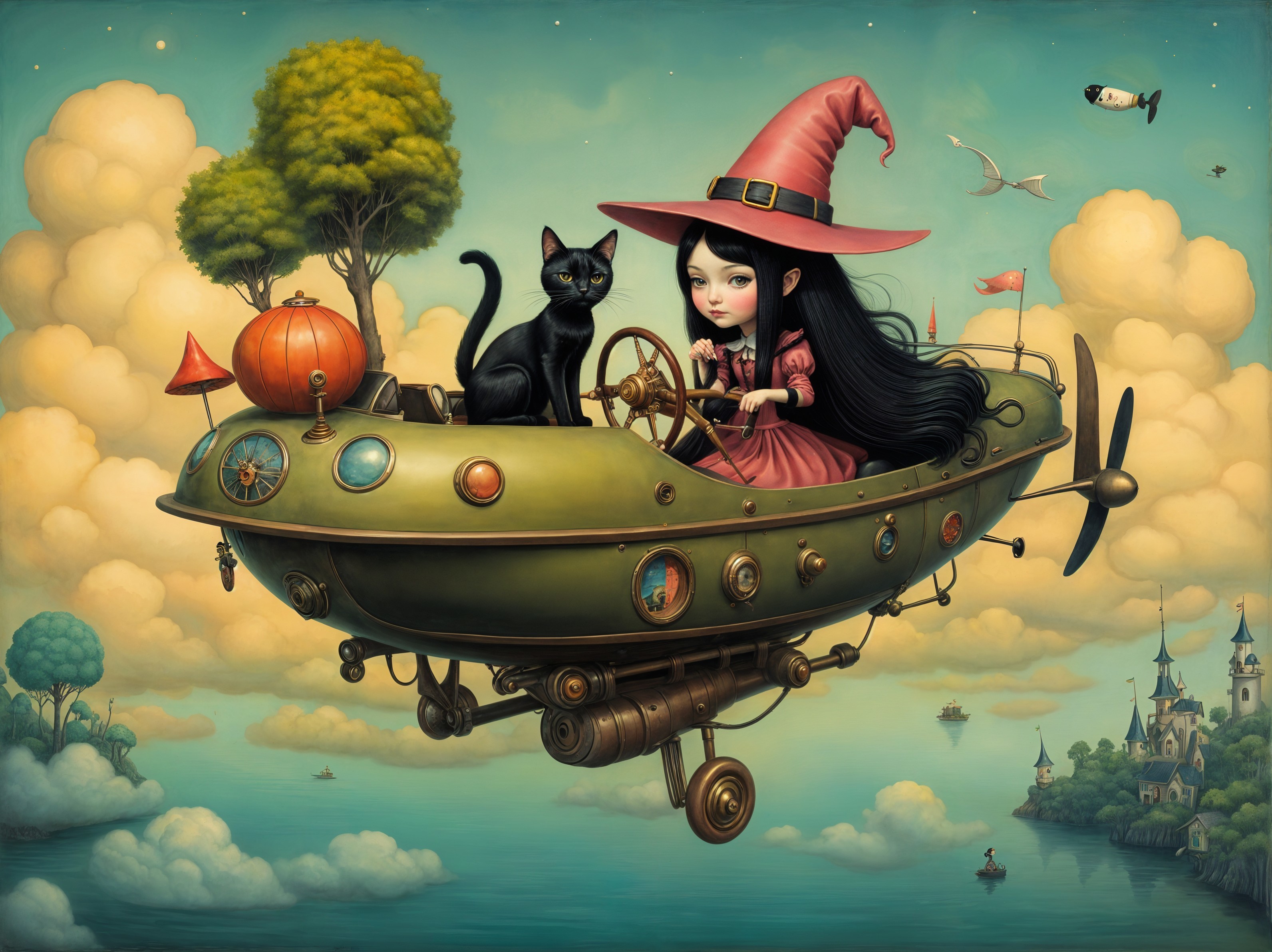 Young witch in whimsical airship with black cat