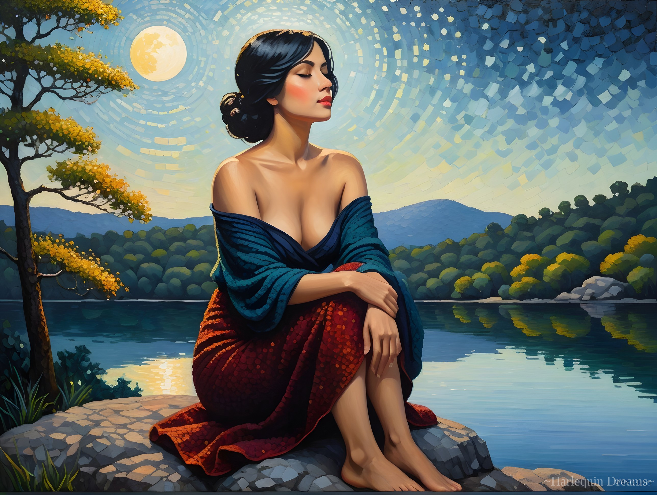 Serene Woman by Moonlit Lake in Vibrant Landscape
