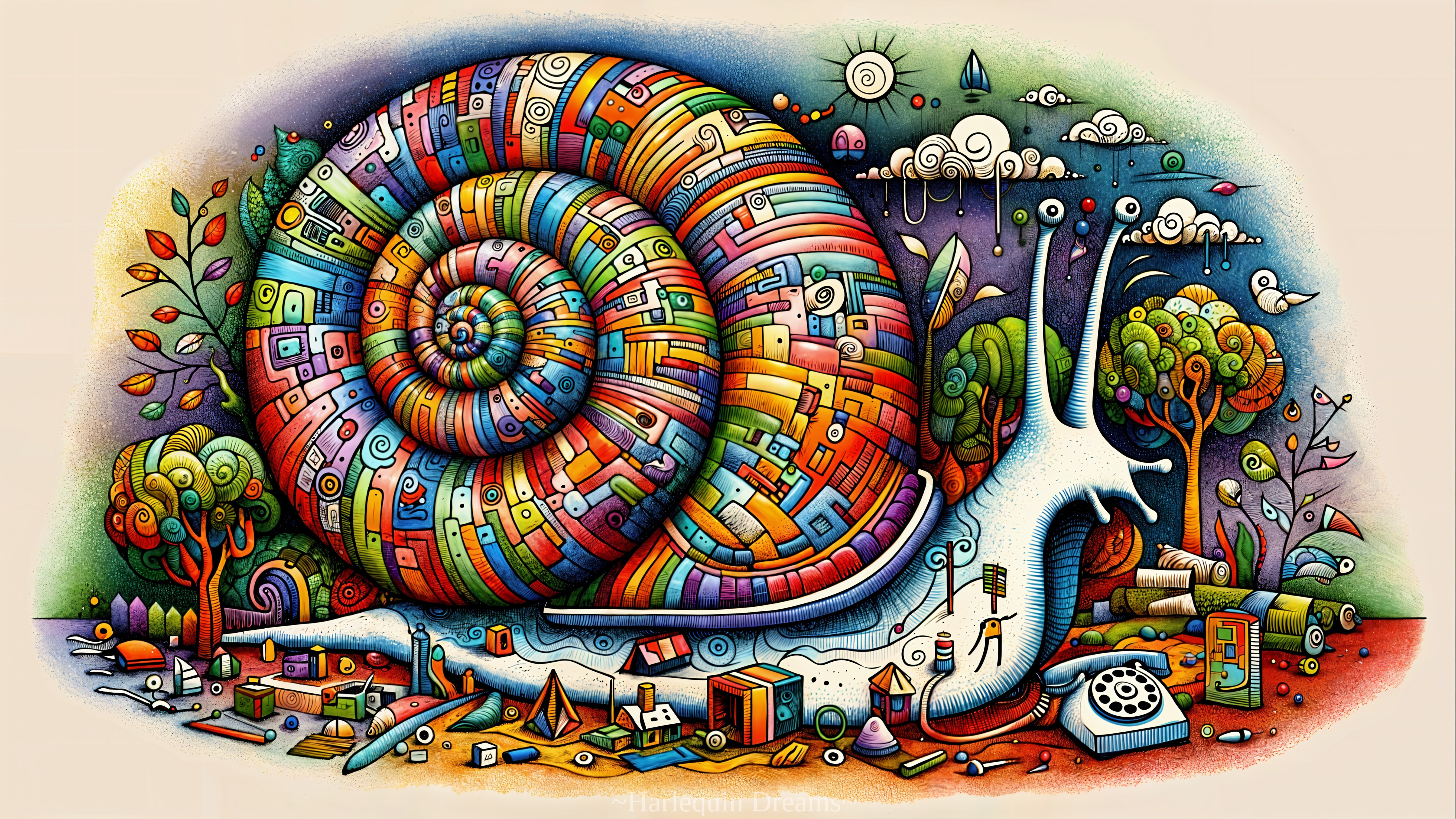 Colorful Whimsical Snail in Vibrant Landscape