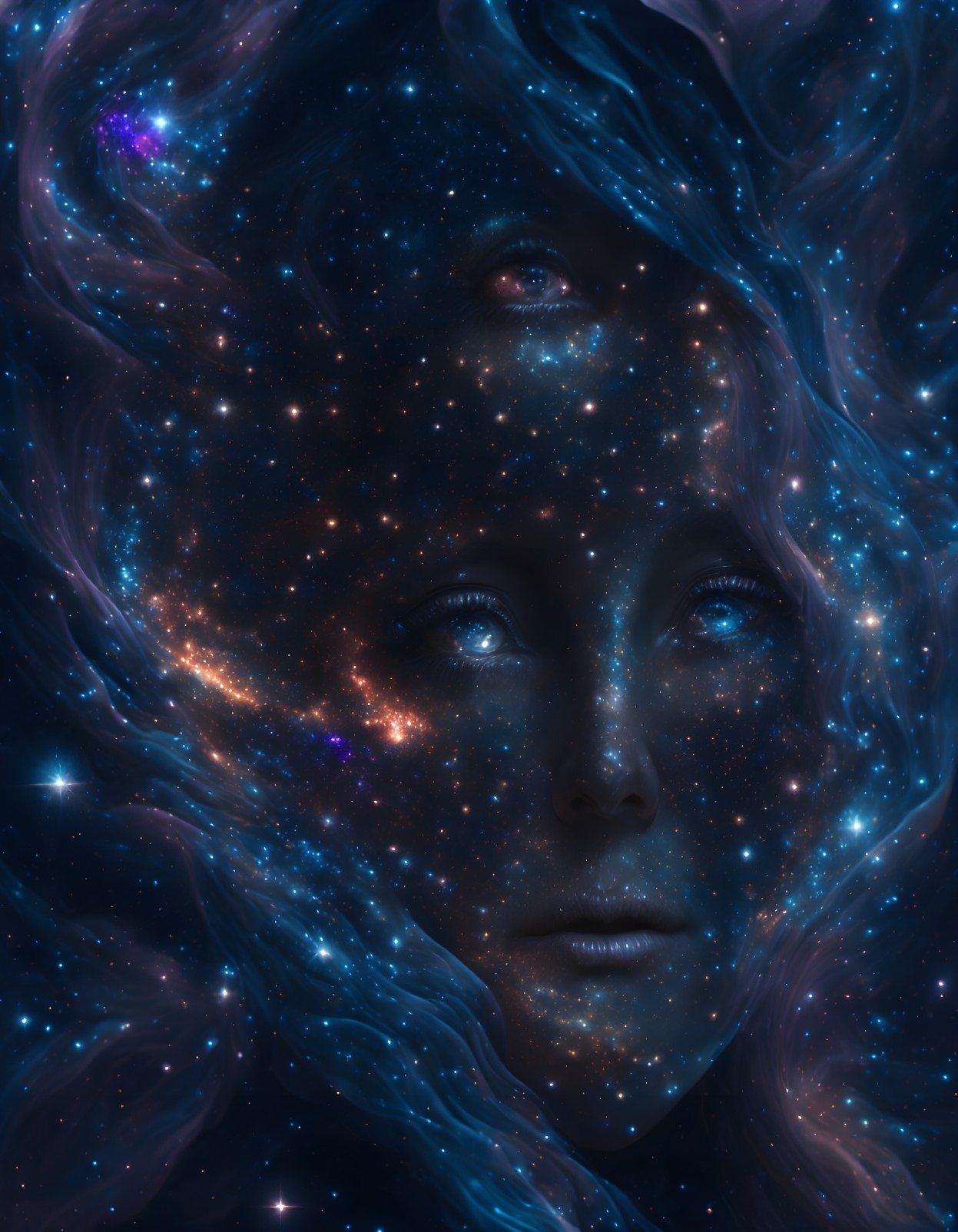 Cosmic Portrait of Woman's Face and Starry Nebula