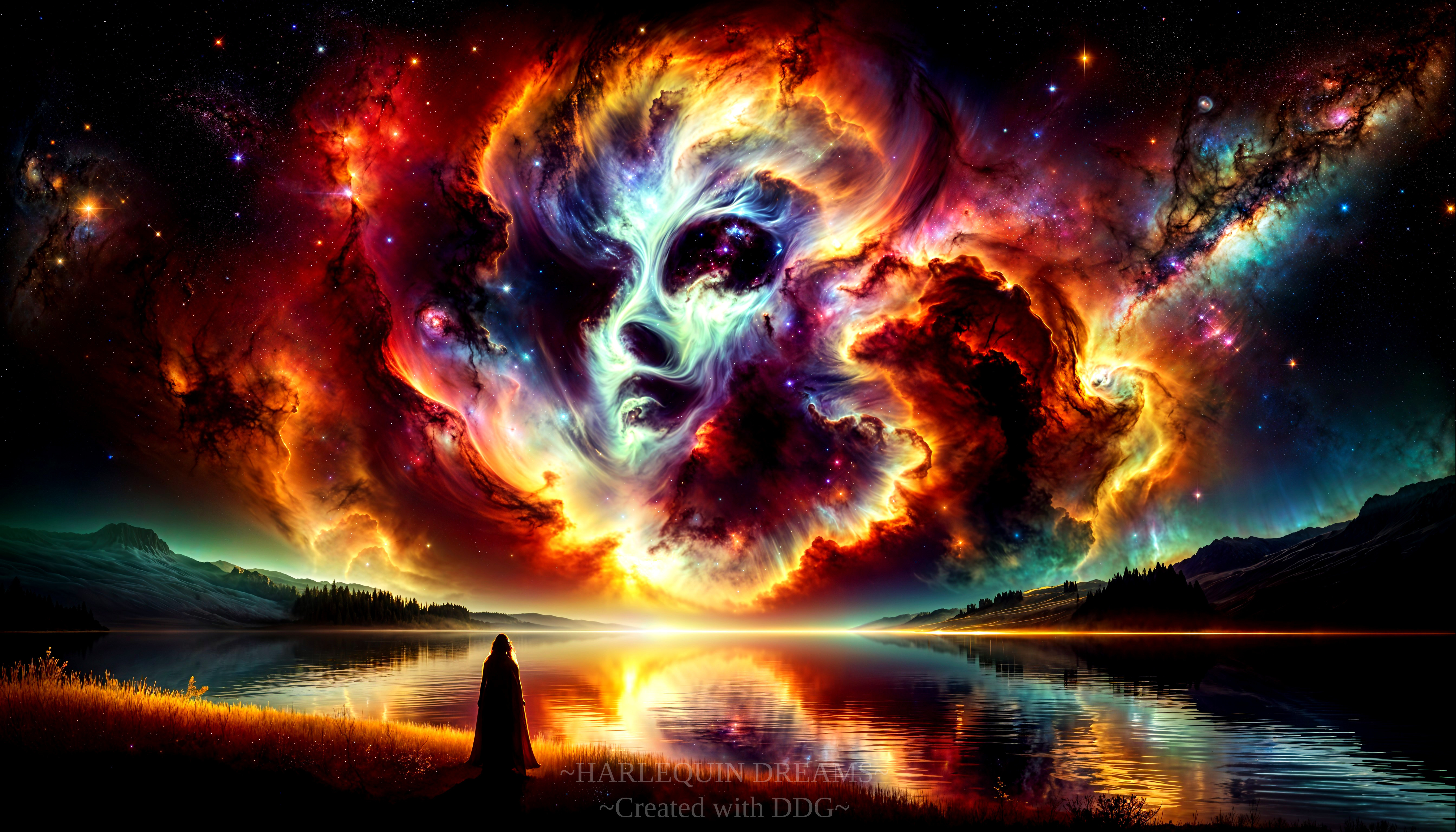 Cosmic Nebula Over Tranquil Lake with Silhouette