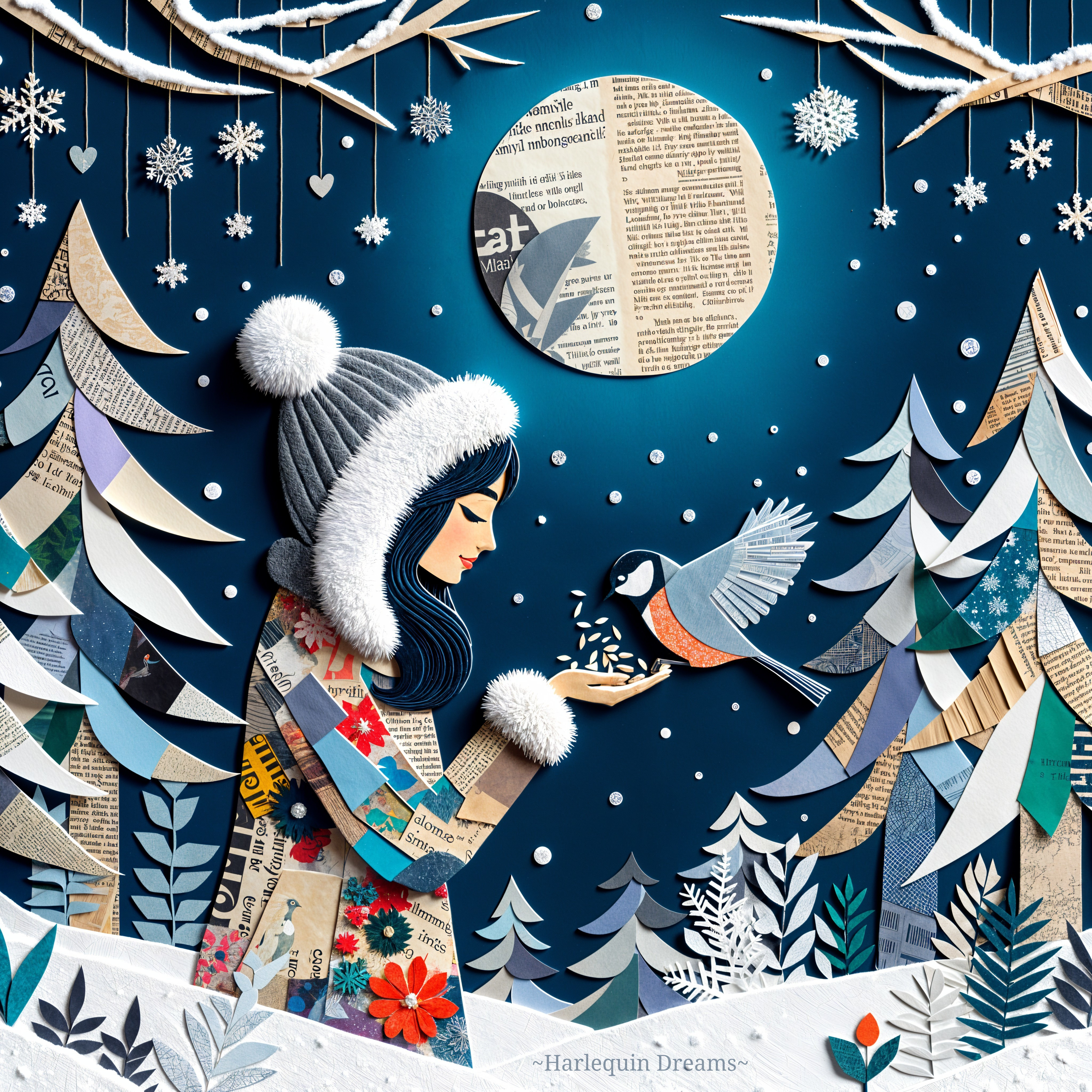 Whimsical Winter Collage with Woman and Bird