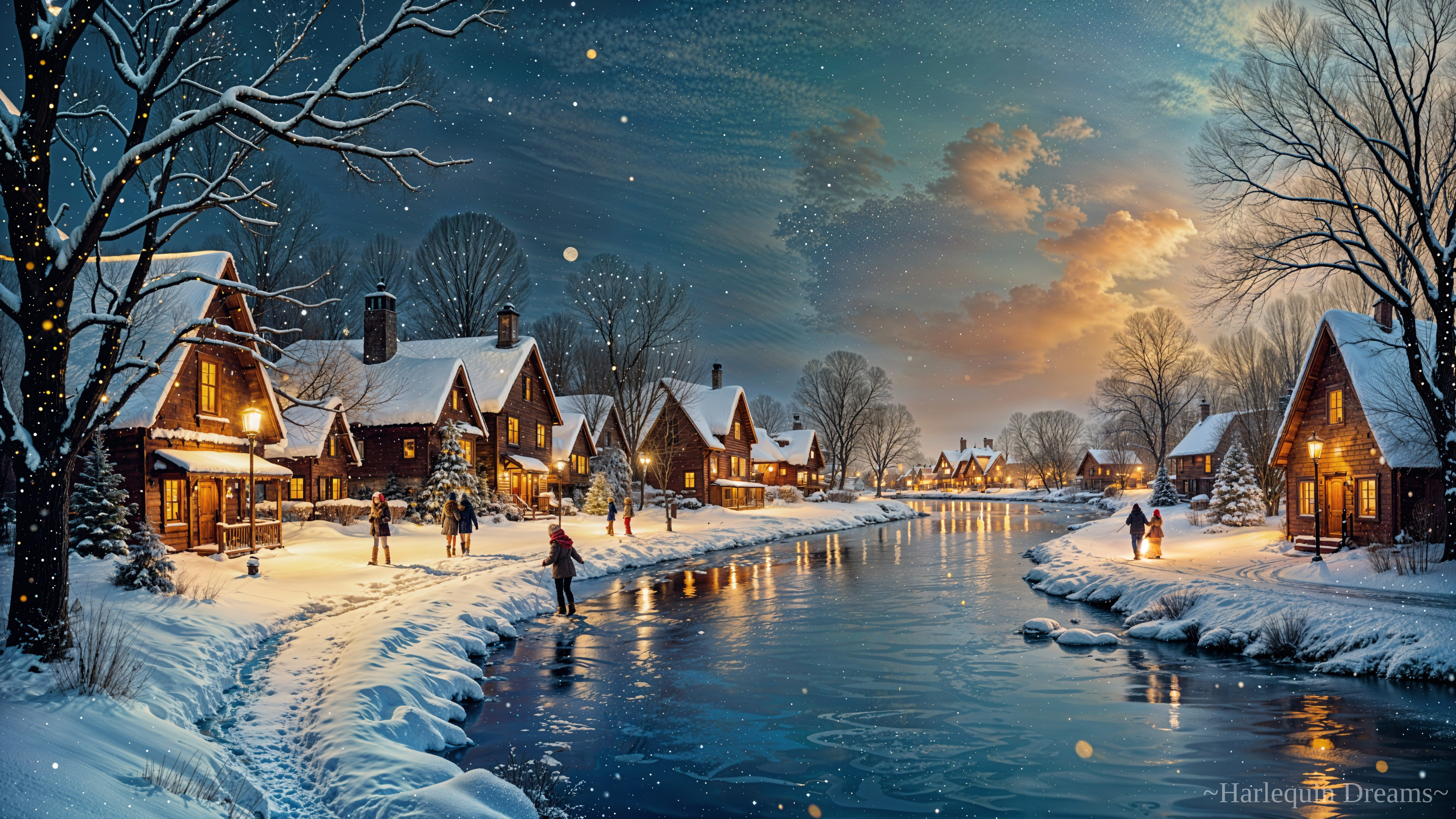 Serene Winter Village Scene at Dusk with Snow and Lights