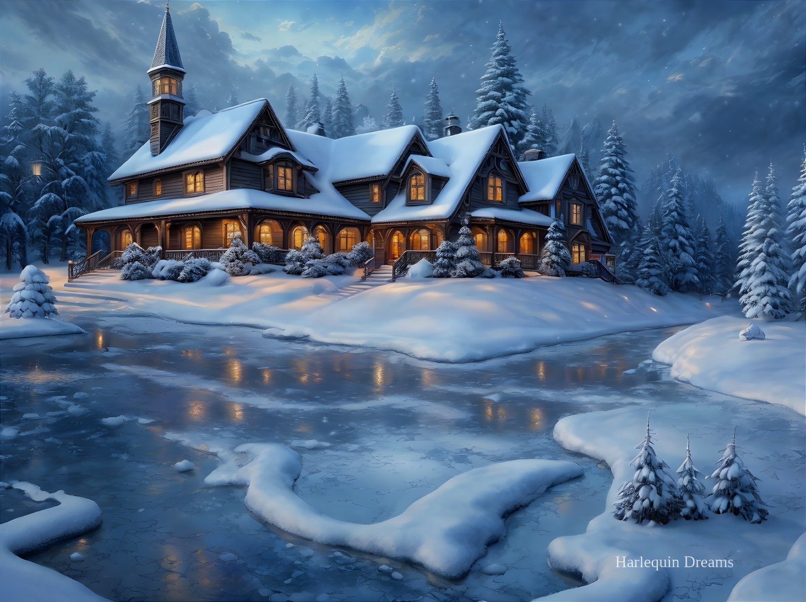 Snowy Winter Scene: Cozy Lodge by Frozen Pond & Snow-Covered Trees