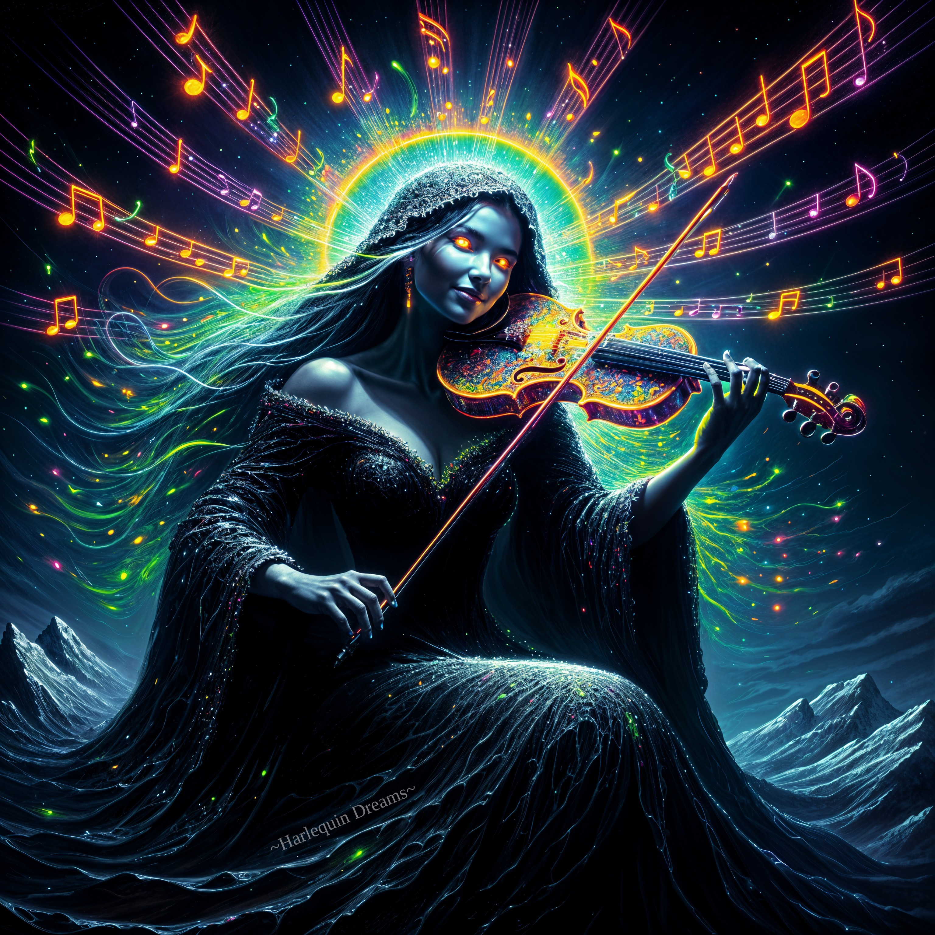 Mysterious figure in cloak playing violin under stars