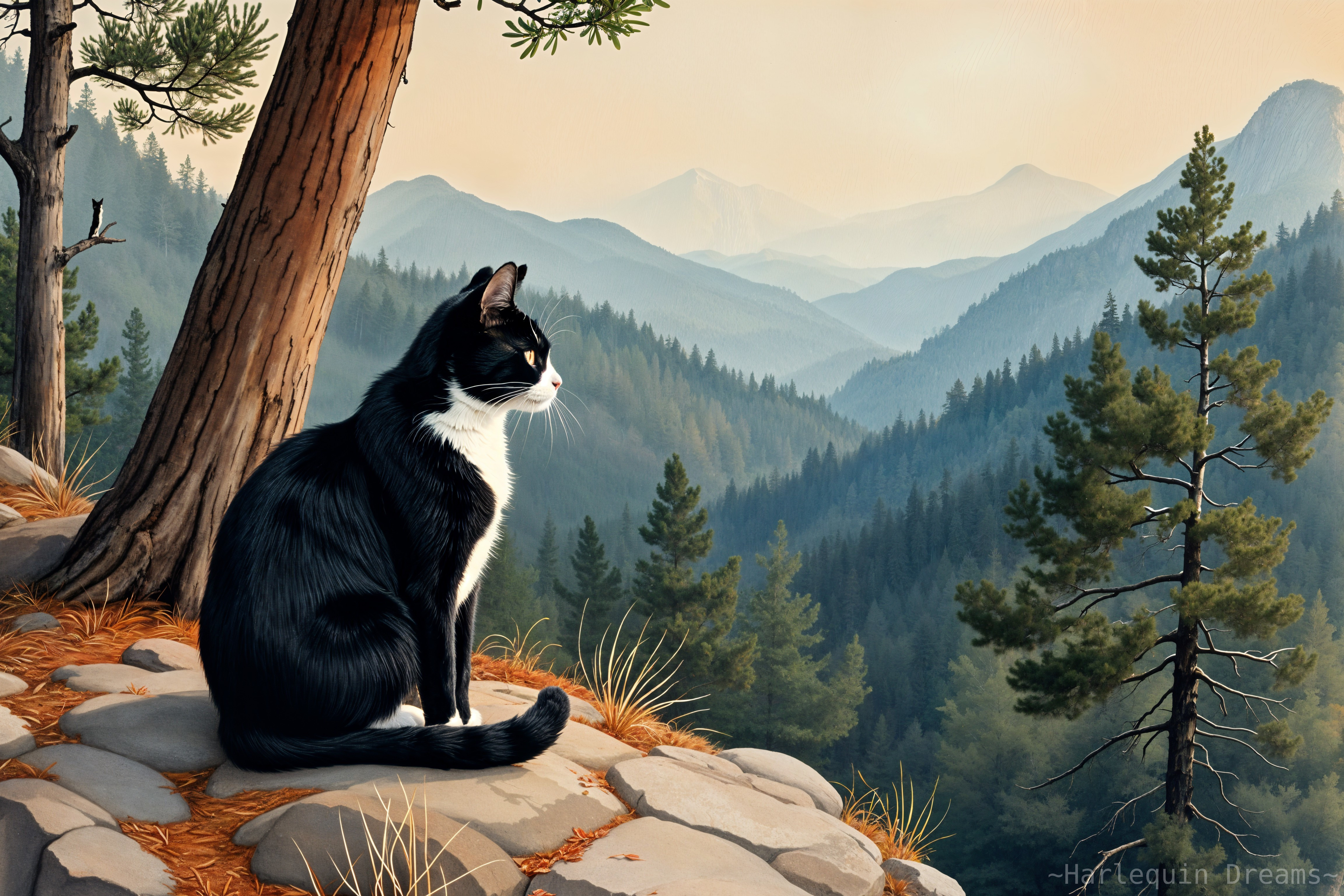 Black and white cat on rocky outcrop in mountain landscape