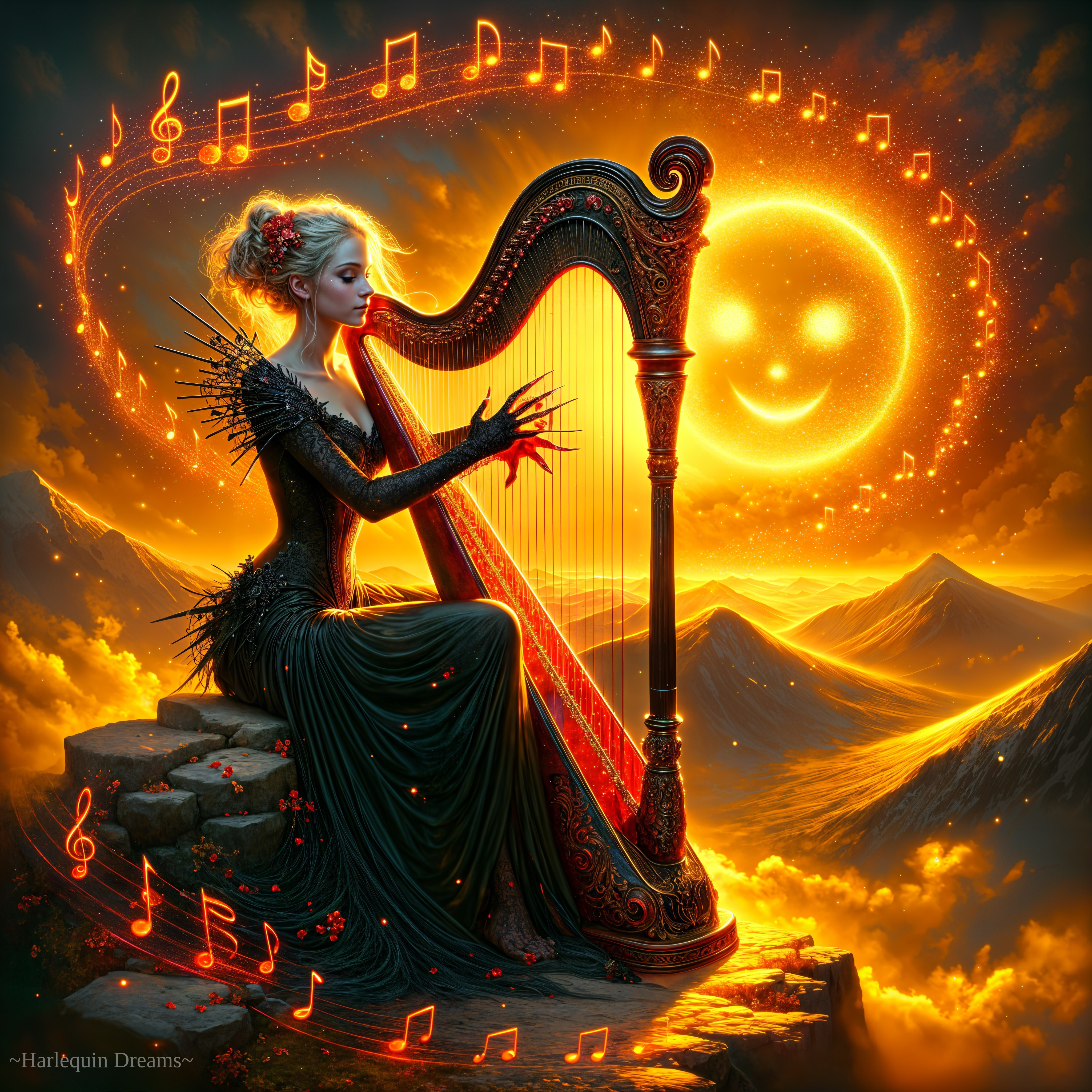 Surreal Scene of Woman Playing Harp on Cliff