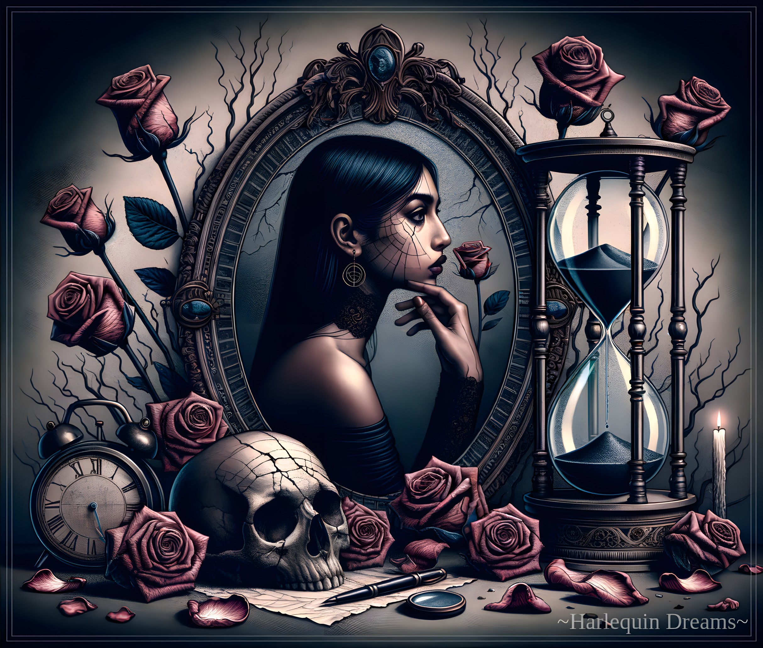 Contemplative Woman with Lace, Tattoos, and Symbols