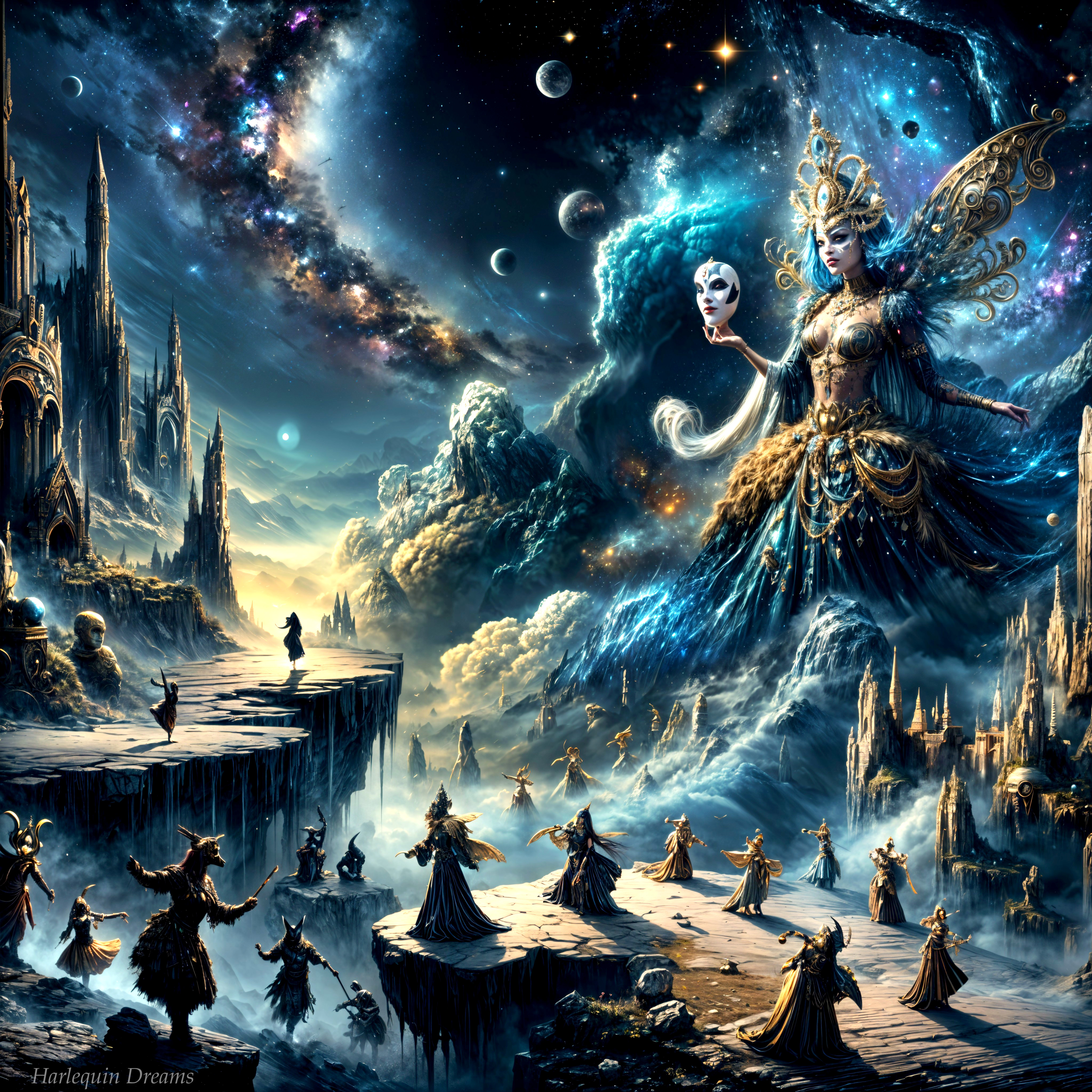 Majestic Goddess in Cosmic Landscape with Ethereal Figures