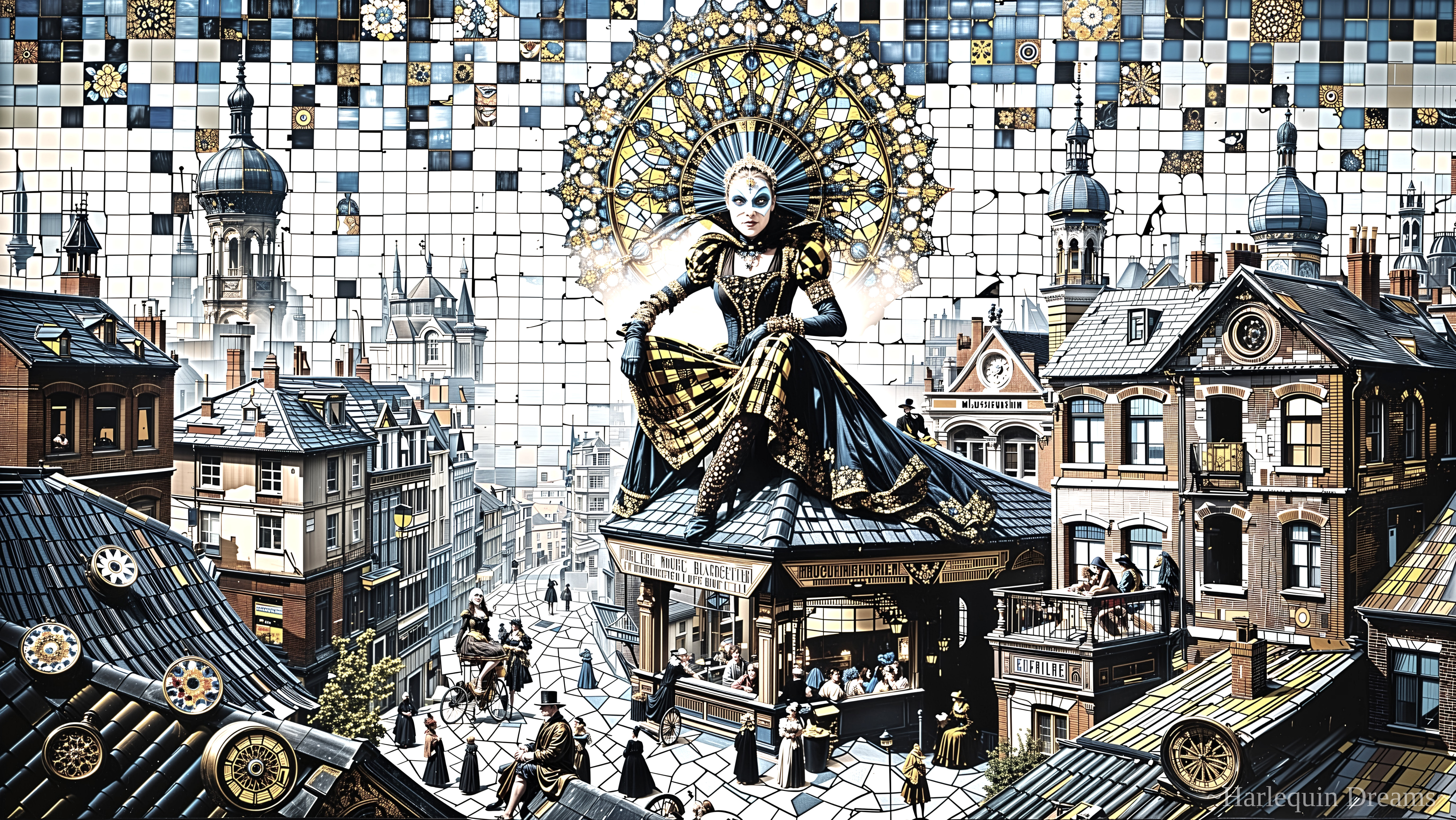 Mosaic Art of Grand Figure in Vibrant Cityscape