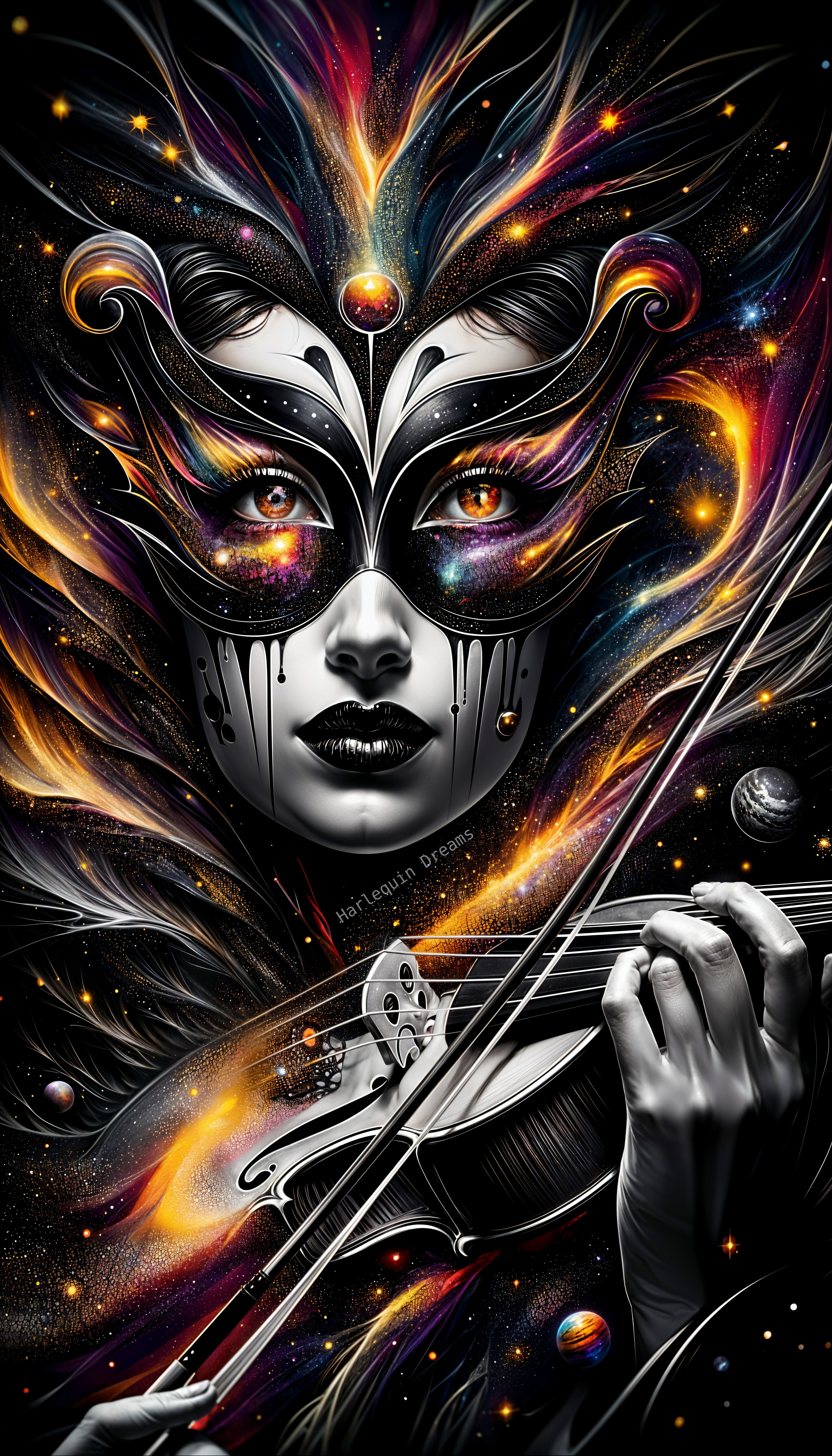 Mystical Figure with Cosmic Mask and Violin