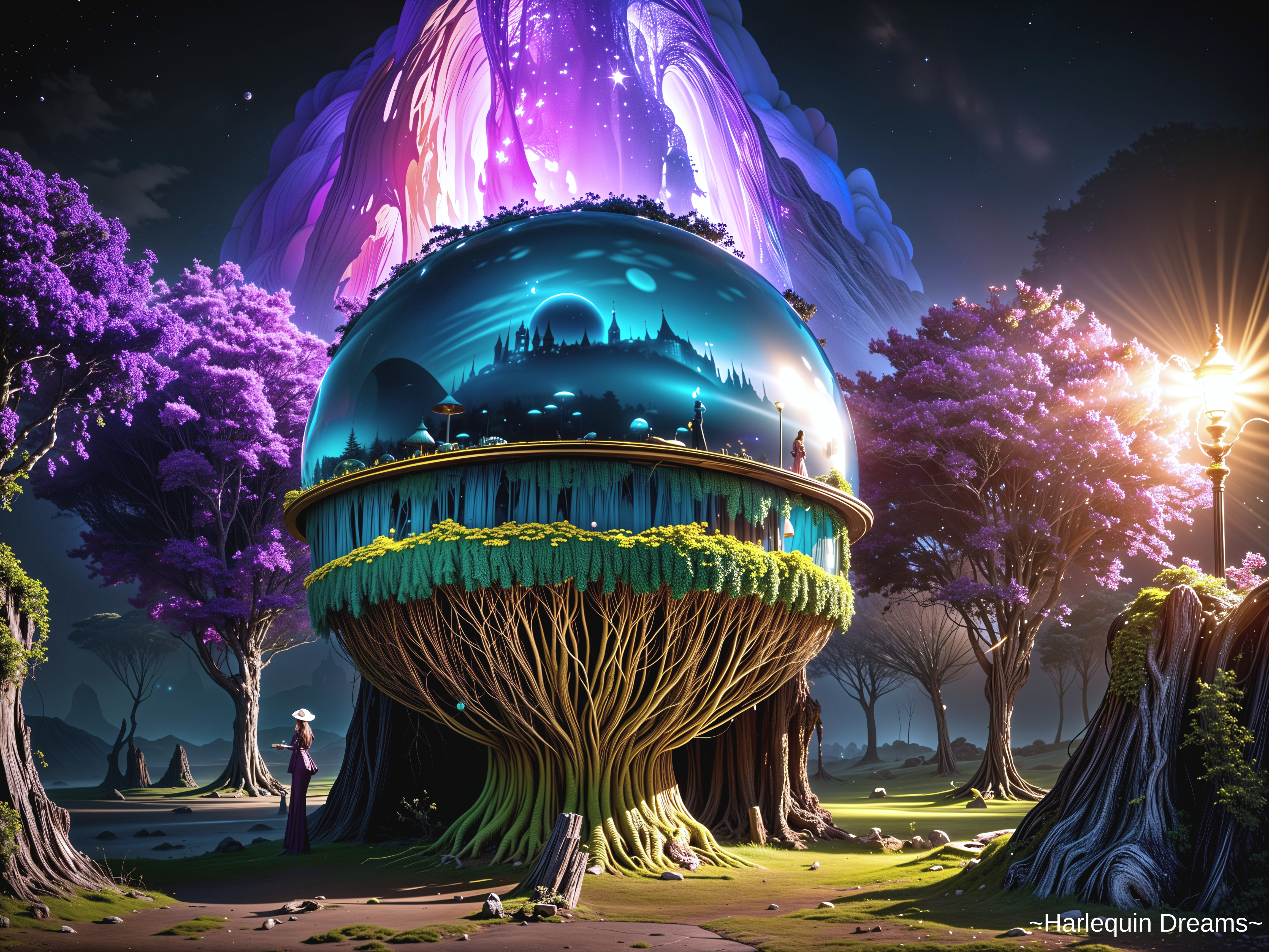Surreal Landscape with Glass Sphere and Vibrant Tree
