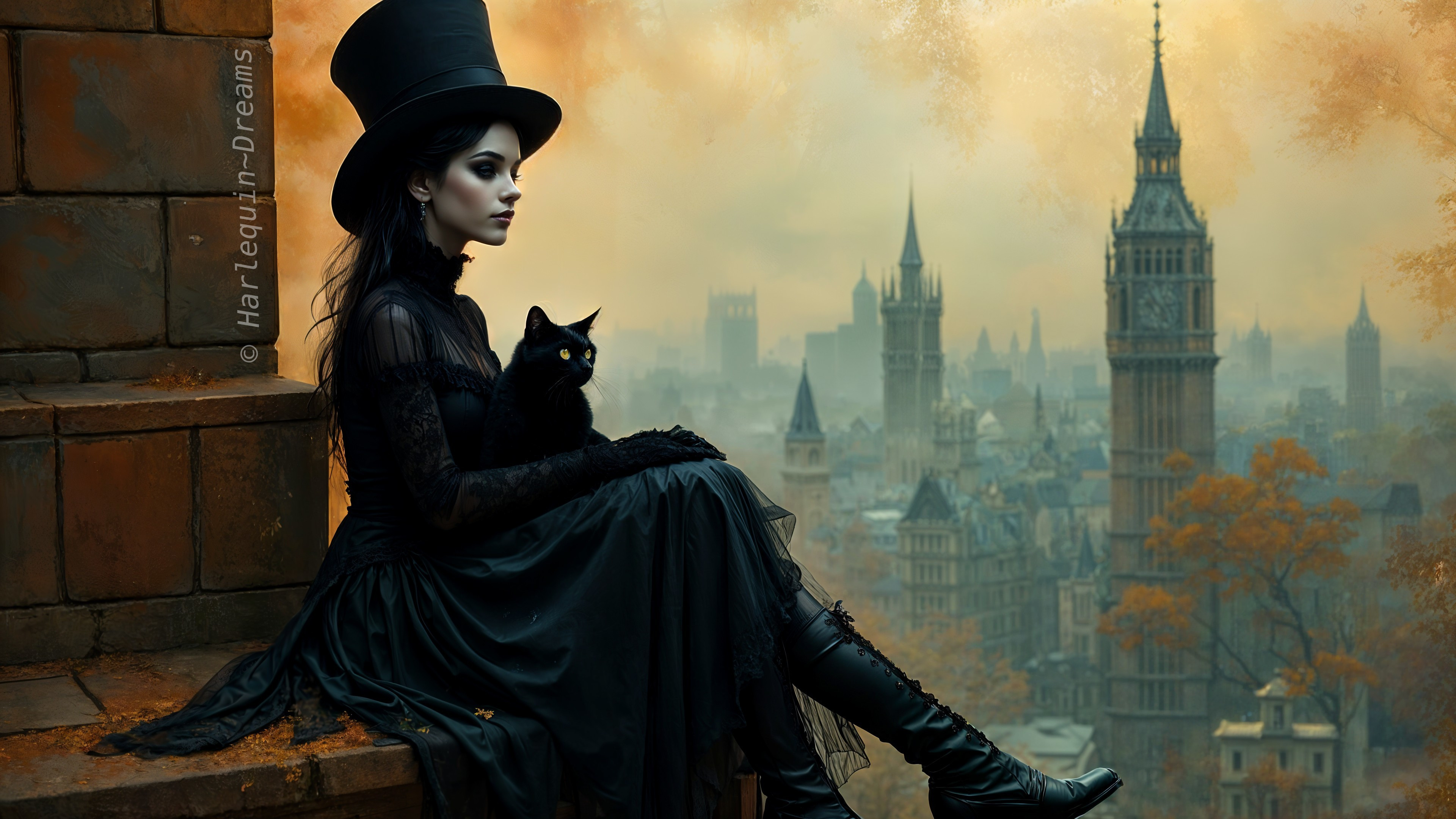 Mysterious Woman on Rooftop with Black Cat at Dusk