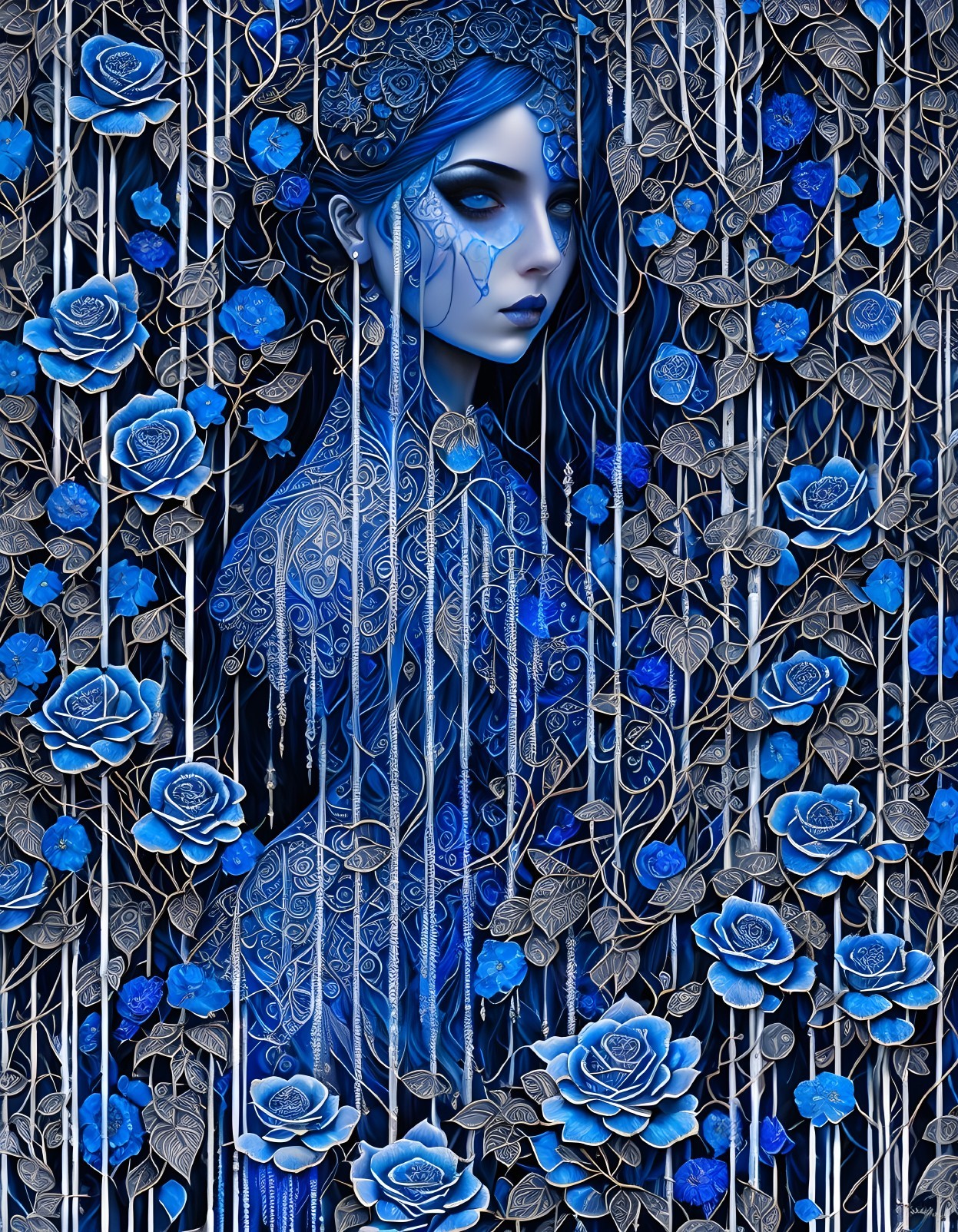 Blue-skinned woman with tattoos and blue rose hair in gothic setting