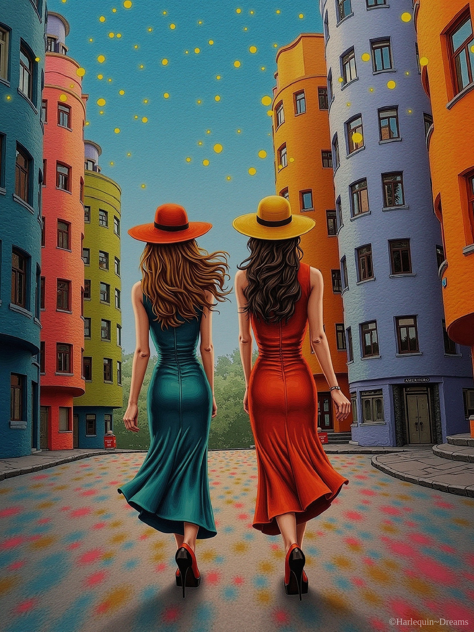 Stylish Women in Colorful Street Scene with Hats