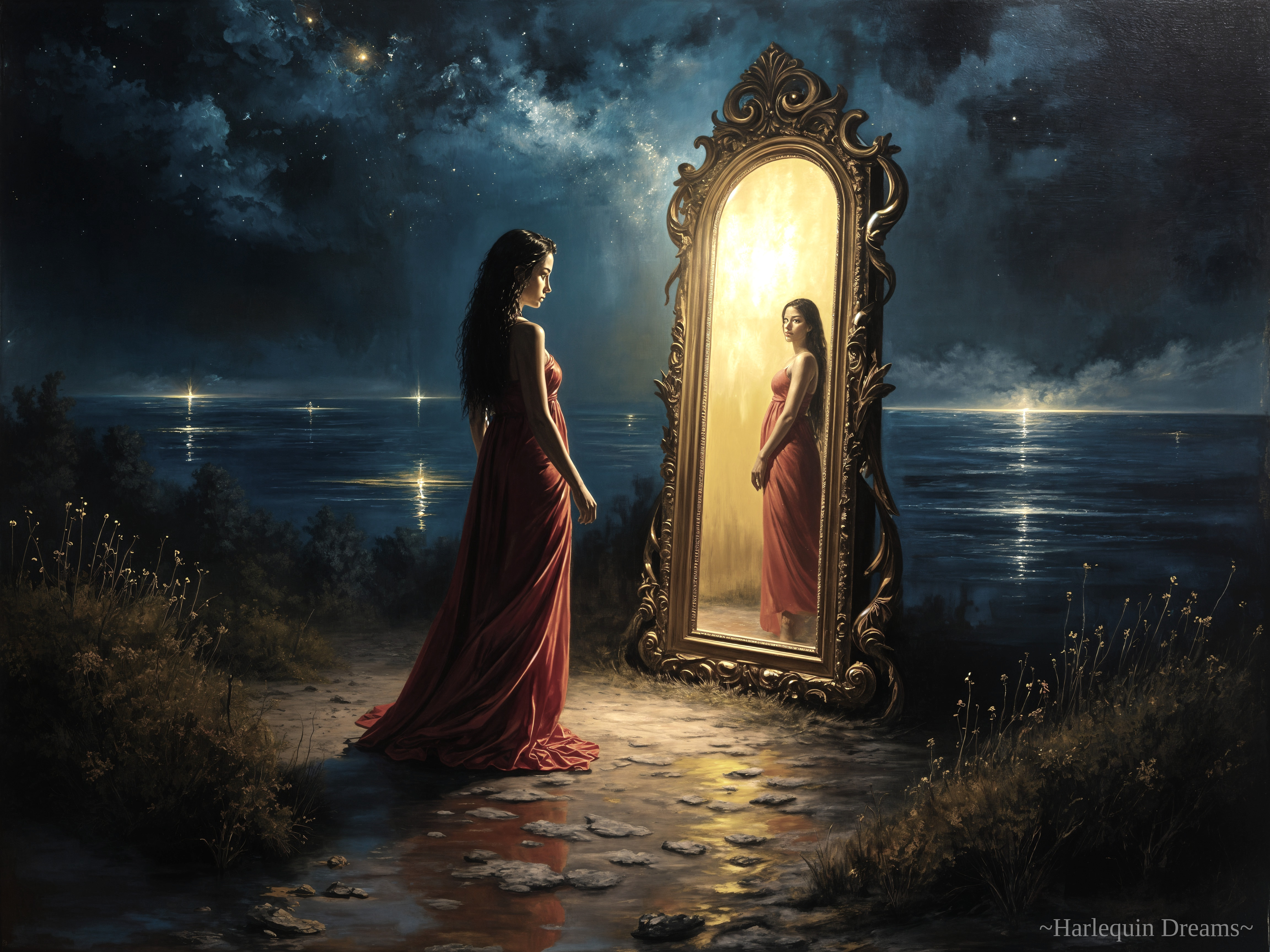 Twilight Scene with Woman in Red Dress and Mirror