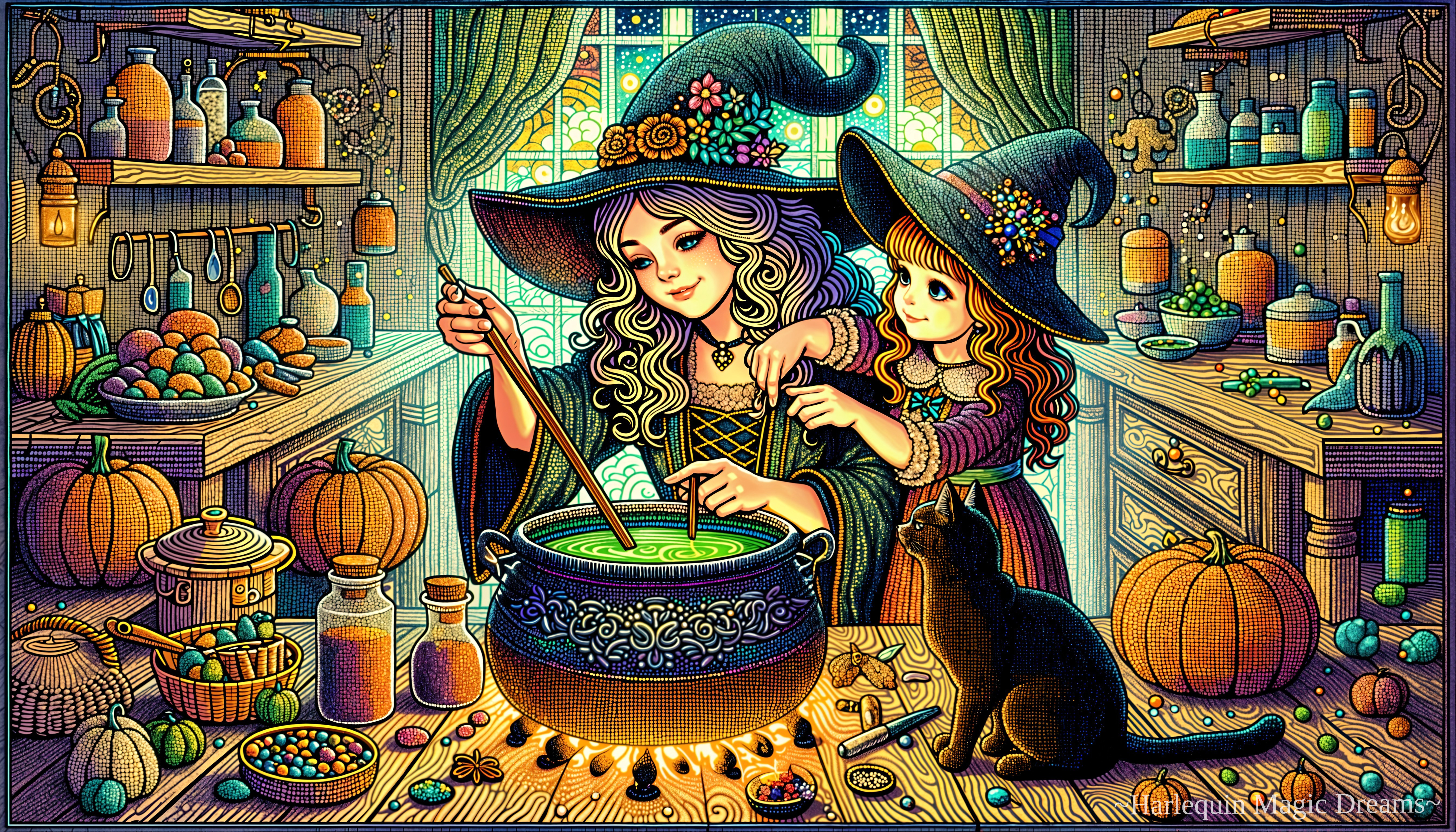 Whimsical Kitchen with Witches and Colorful Potions