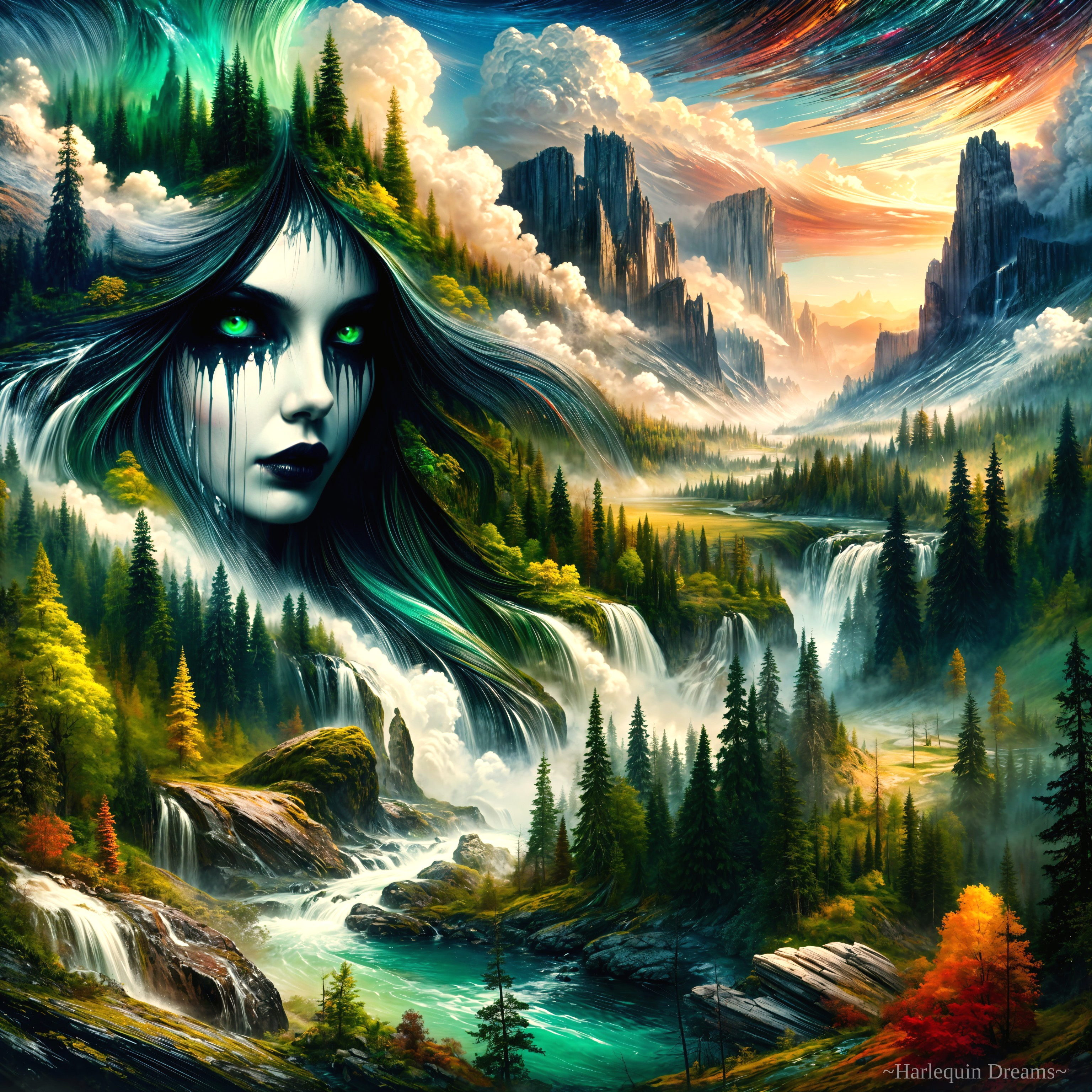 Mystical Landscape with Waterfalls and Surreal Face