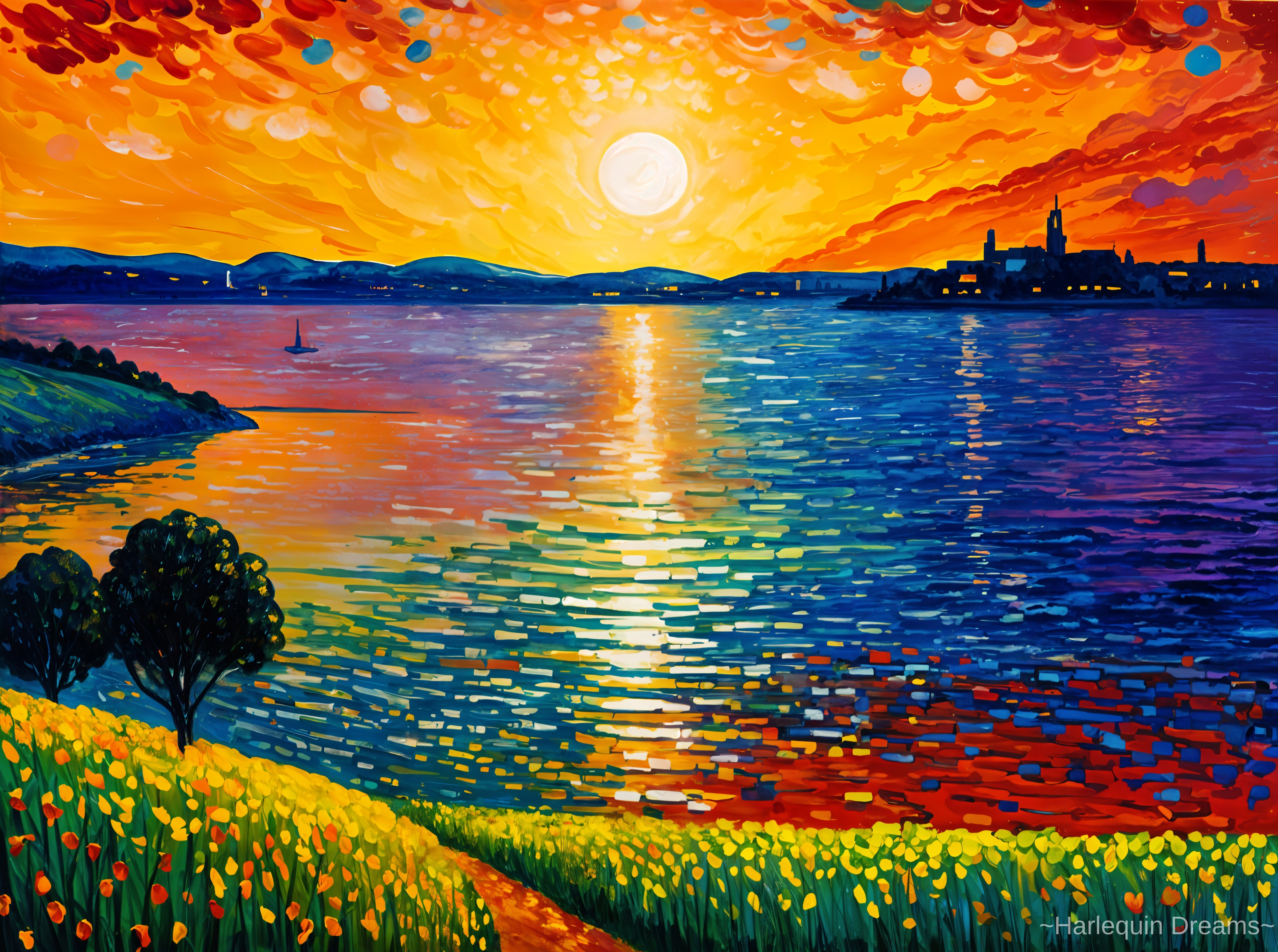 Vibrant Sunset Landscape Over Shimmering Water