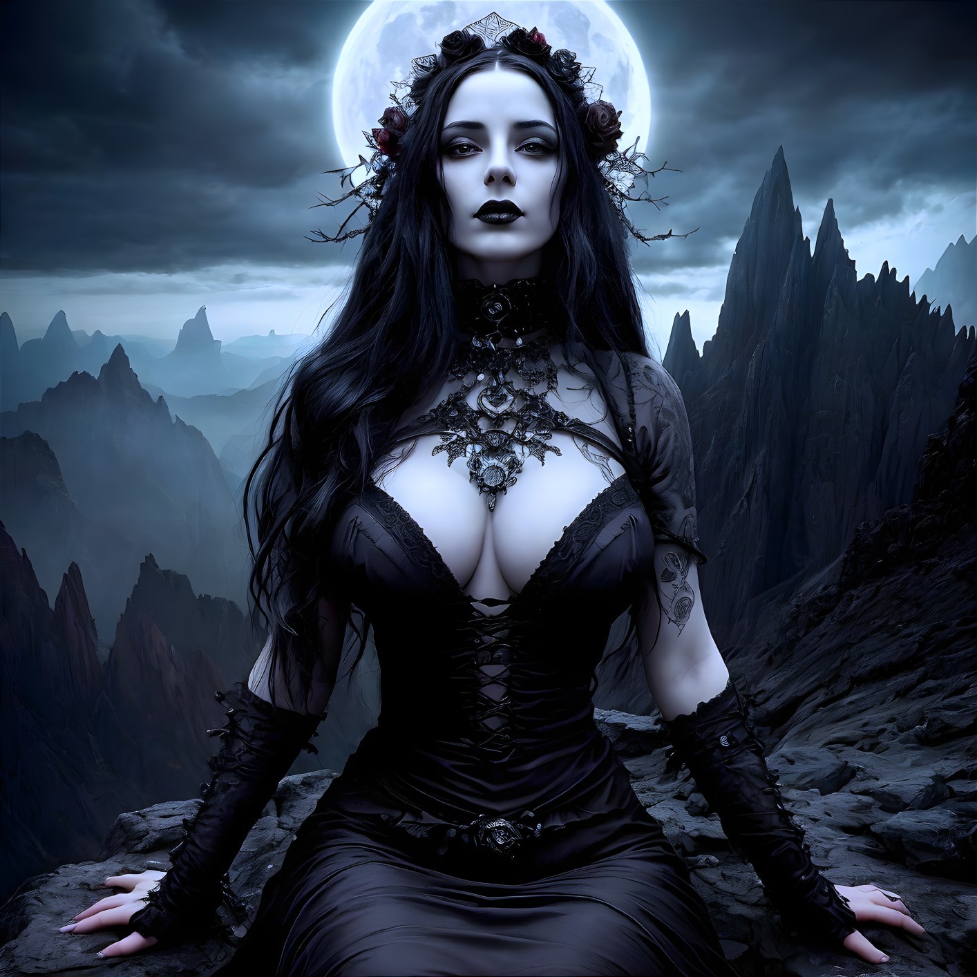 Mysterious Figure in Black Gown Under Full Moon