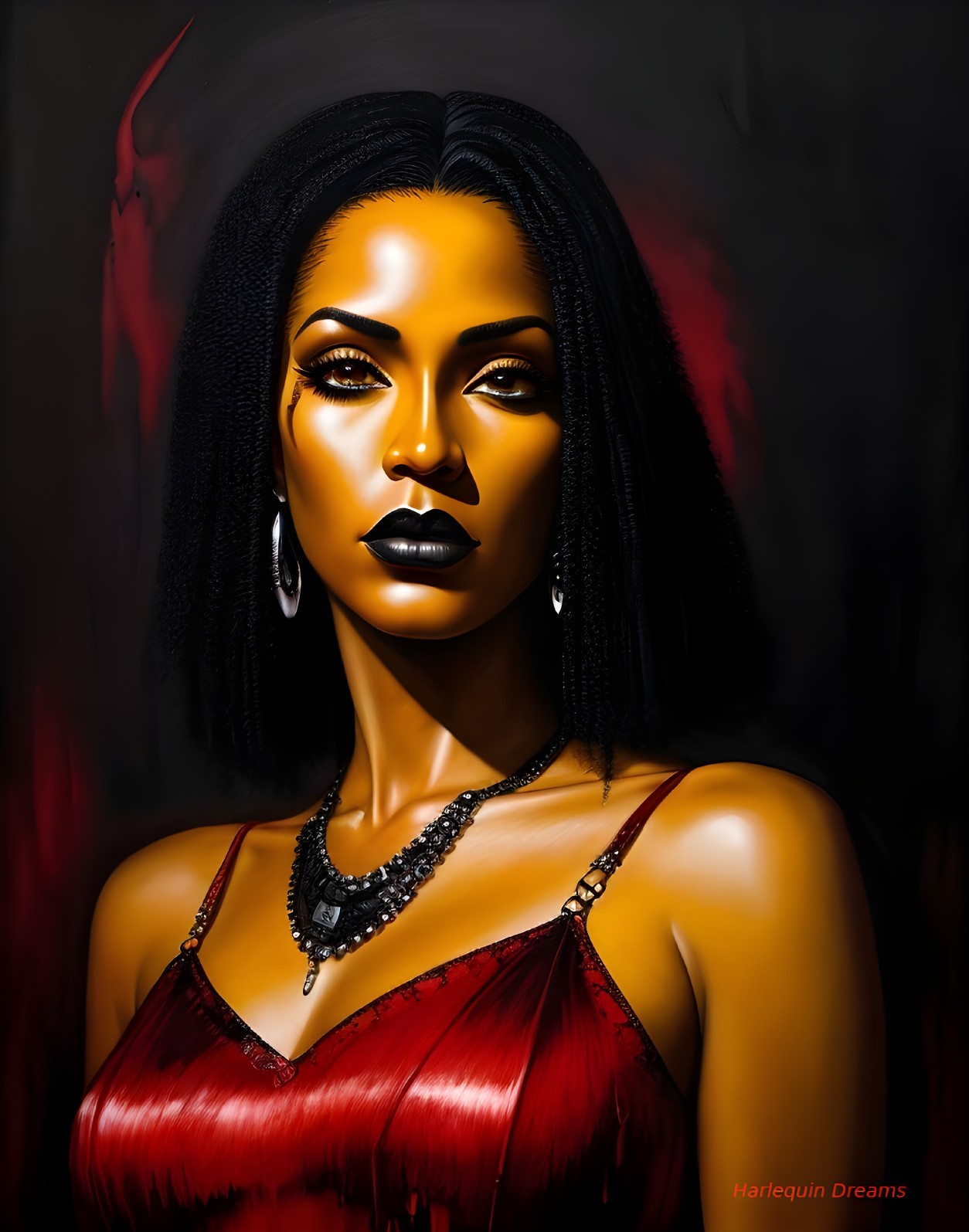 Portrait of a Woman in Red Dress with Golden Skin