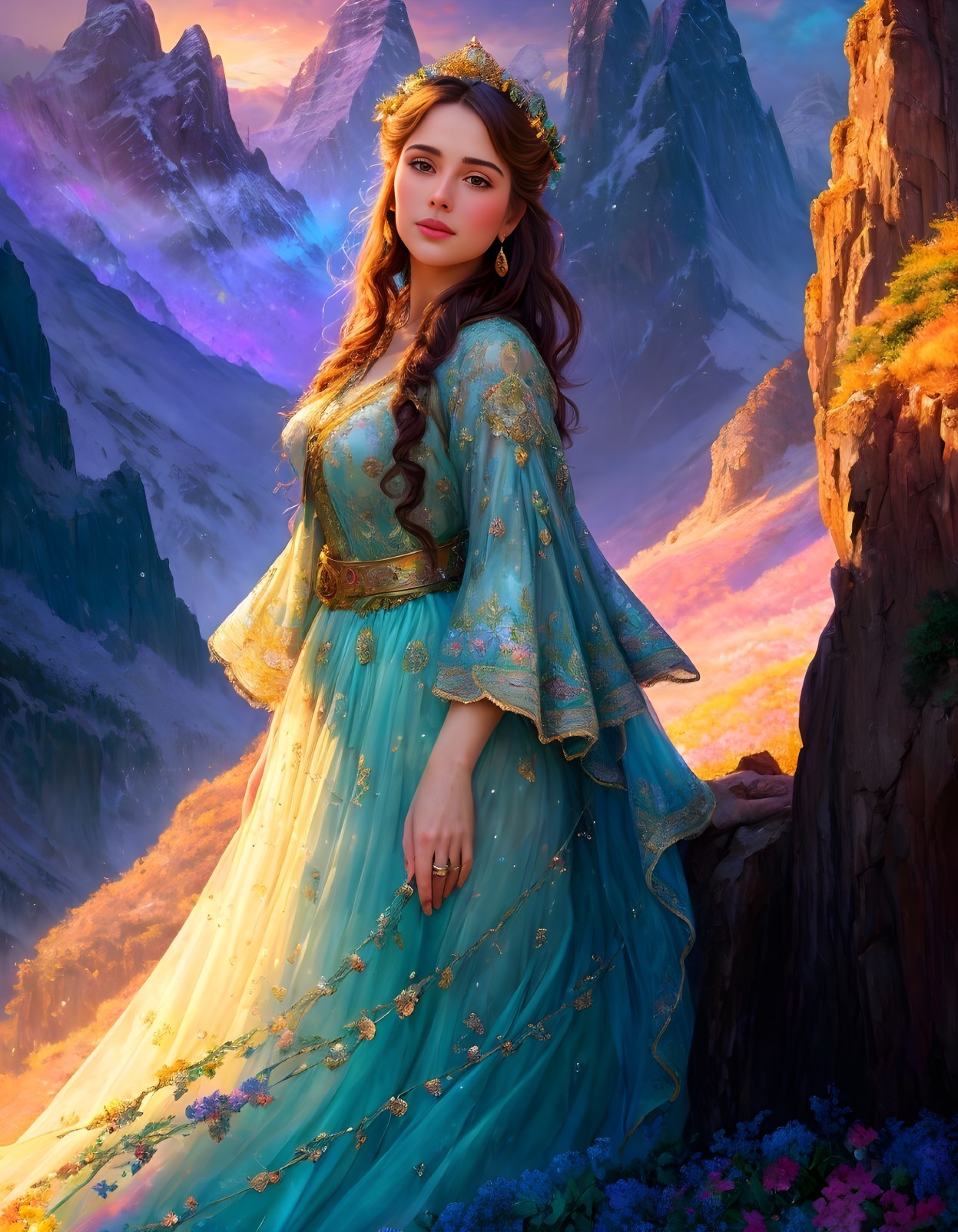 Detailed Turquoise Gown on Regal Woman Against Mountainous Sunset Landscape