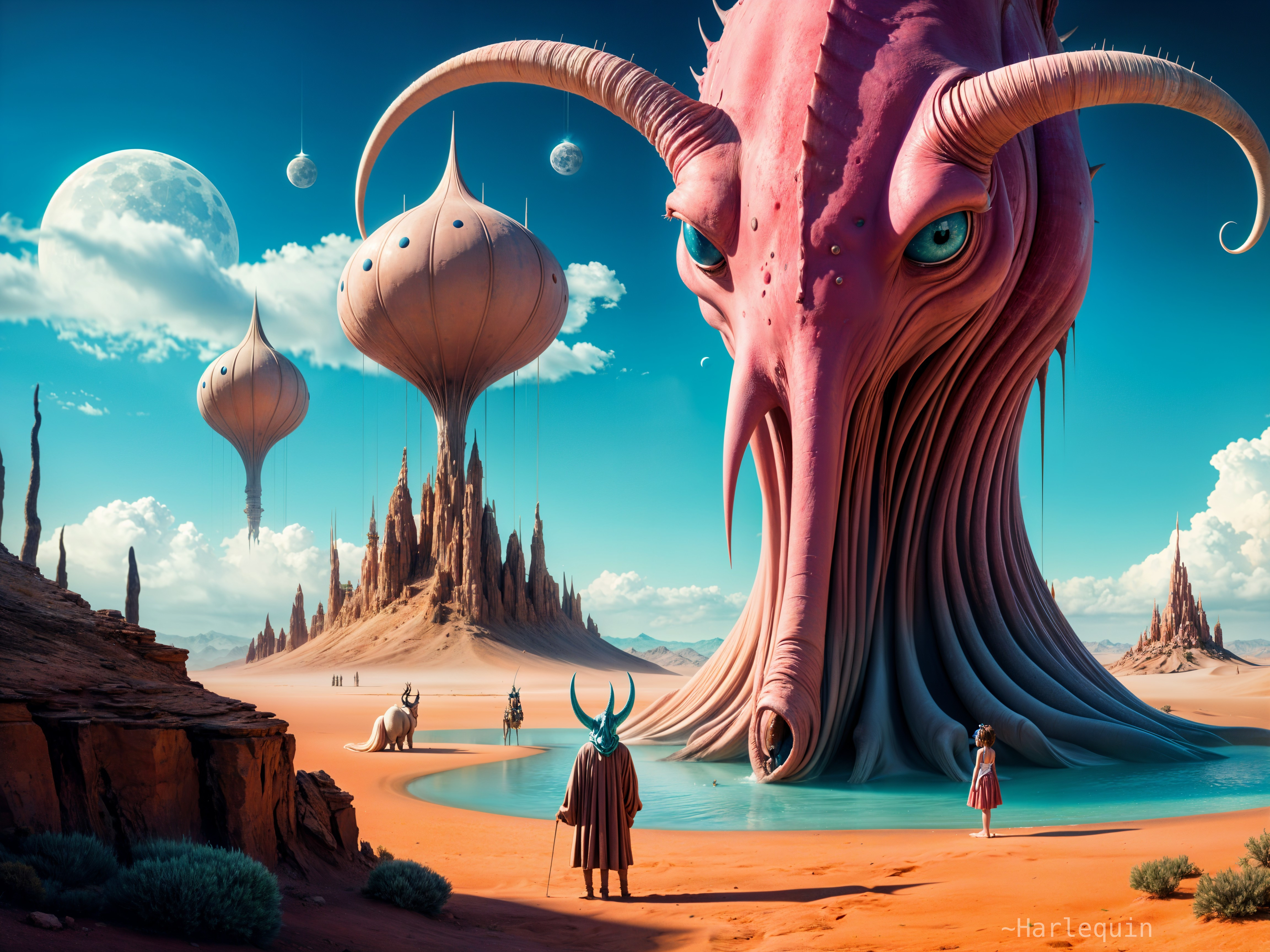 Surreal Desert Scene with Colossal Pink Creature