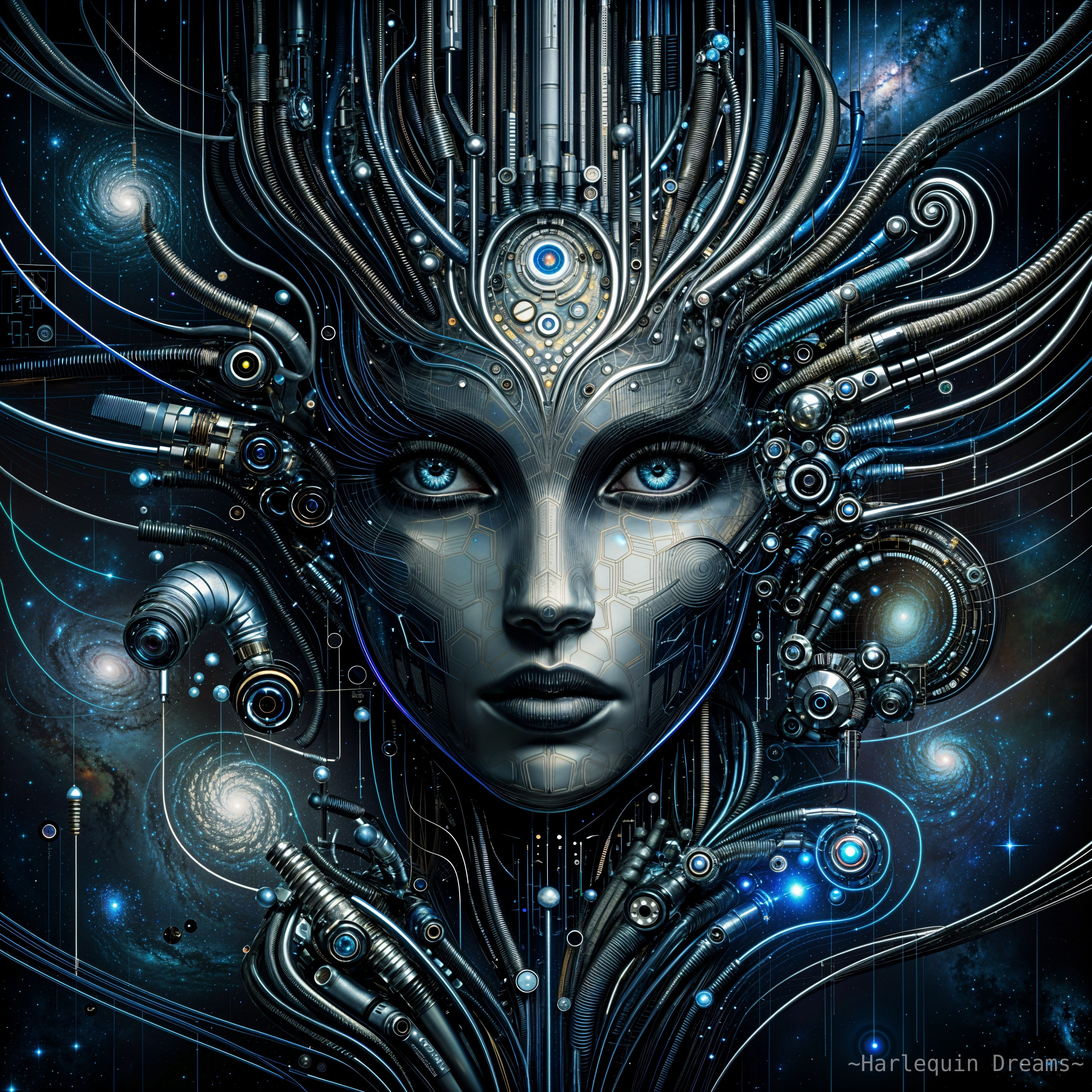 Futuristic Cybernetic Face with Cosmic Background