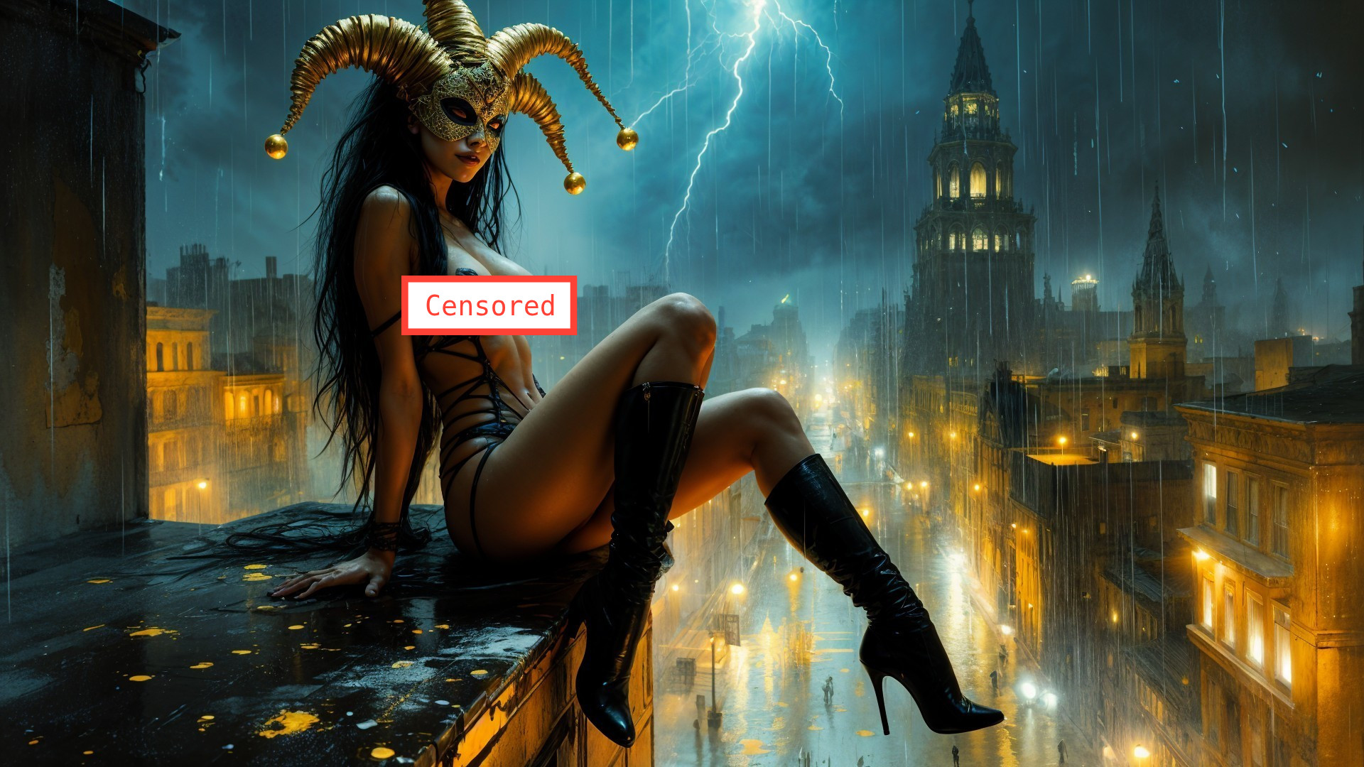 Mysterious Figure in Jester Mask on Rooftop at Night