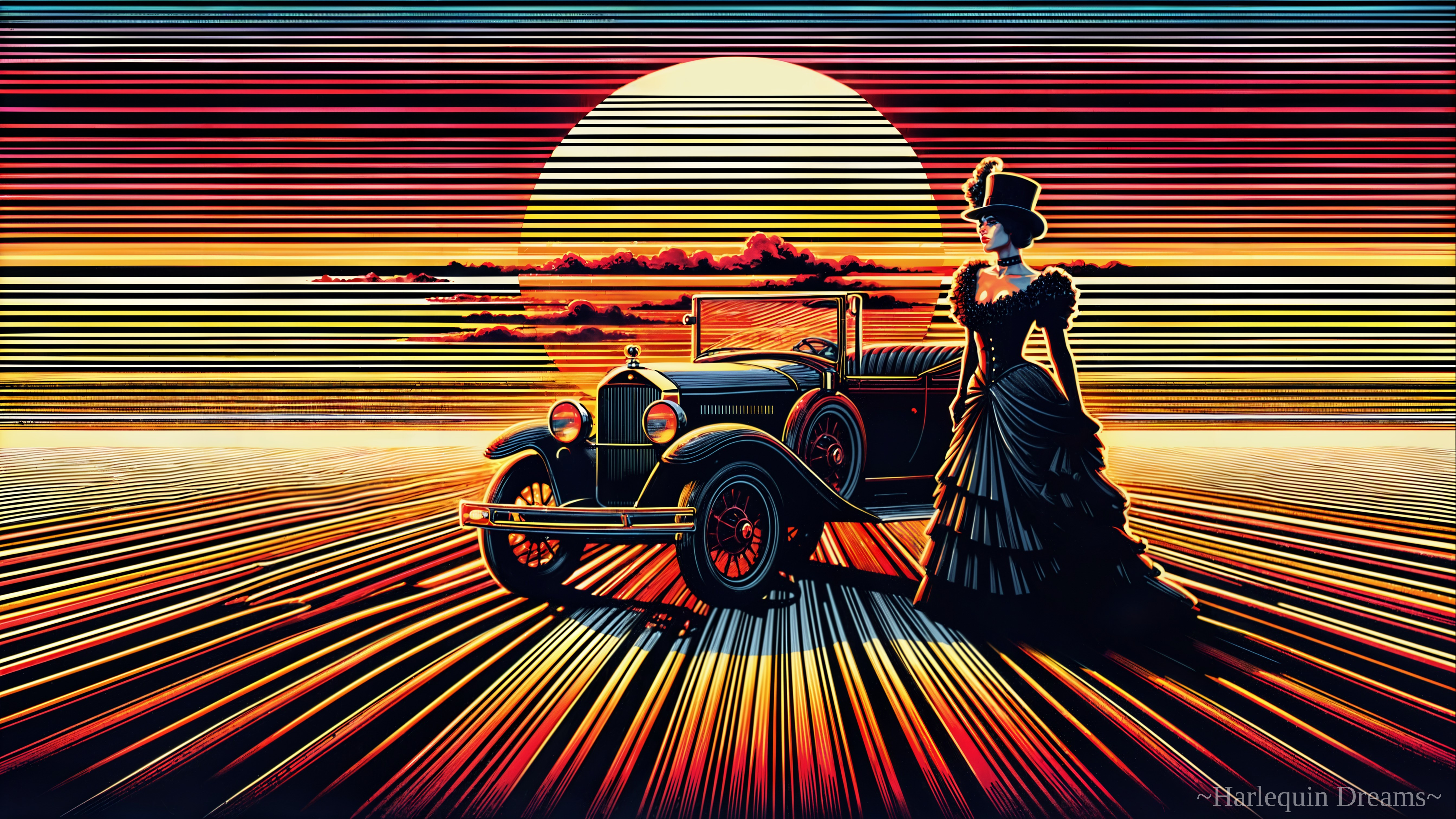 Vintage Car and Stylish Figure at Surreal Sunset