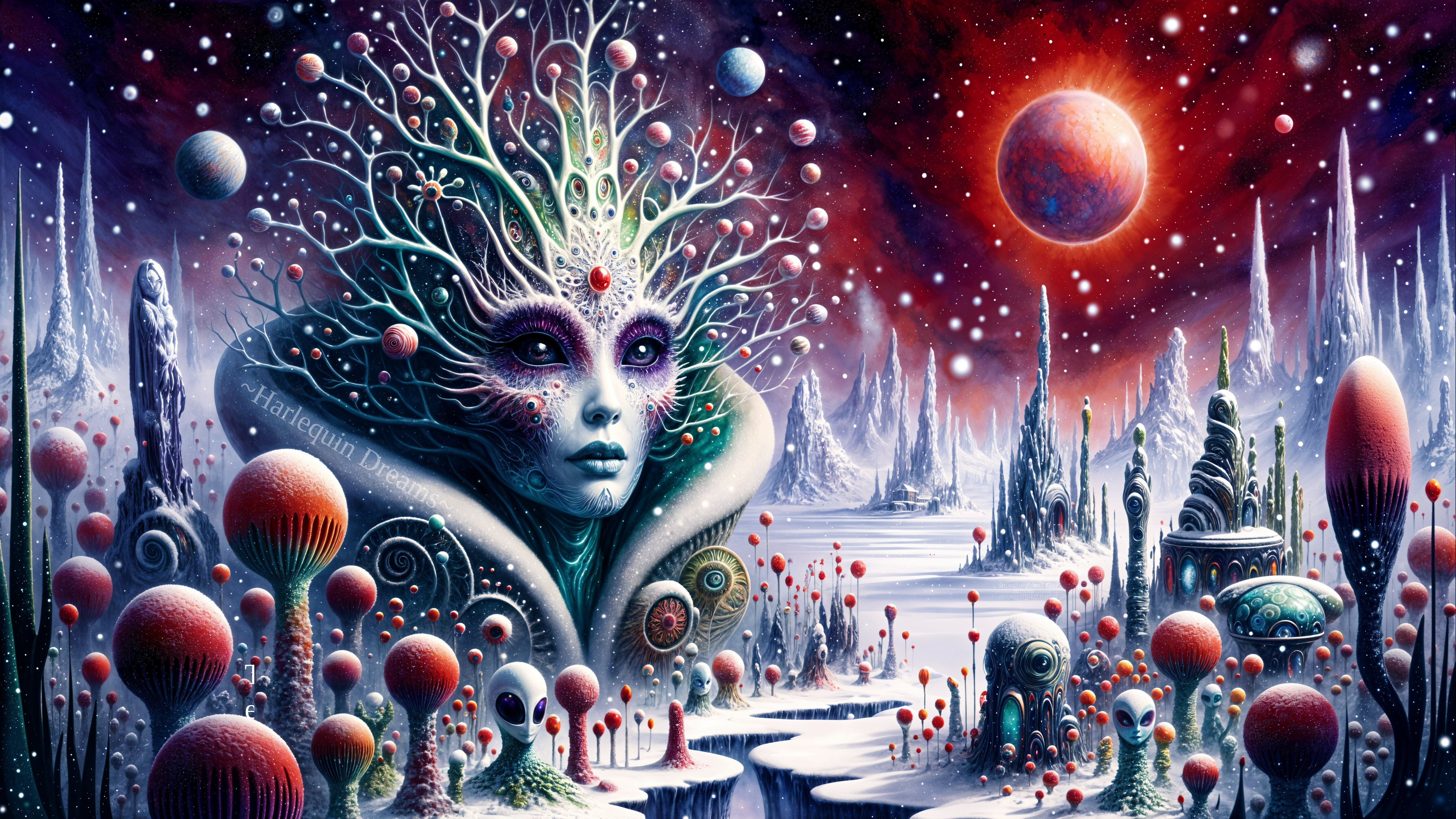 Surreal Landscape with Ethereal Figure and Cosmic Backdrop