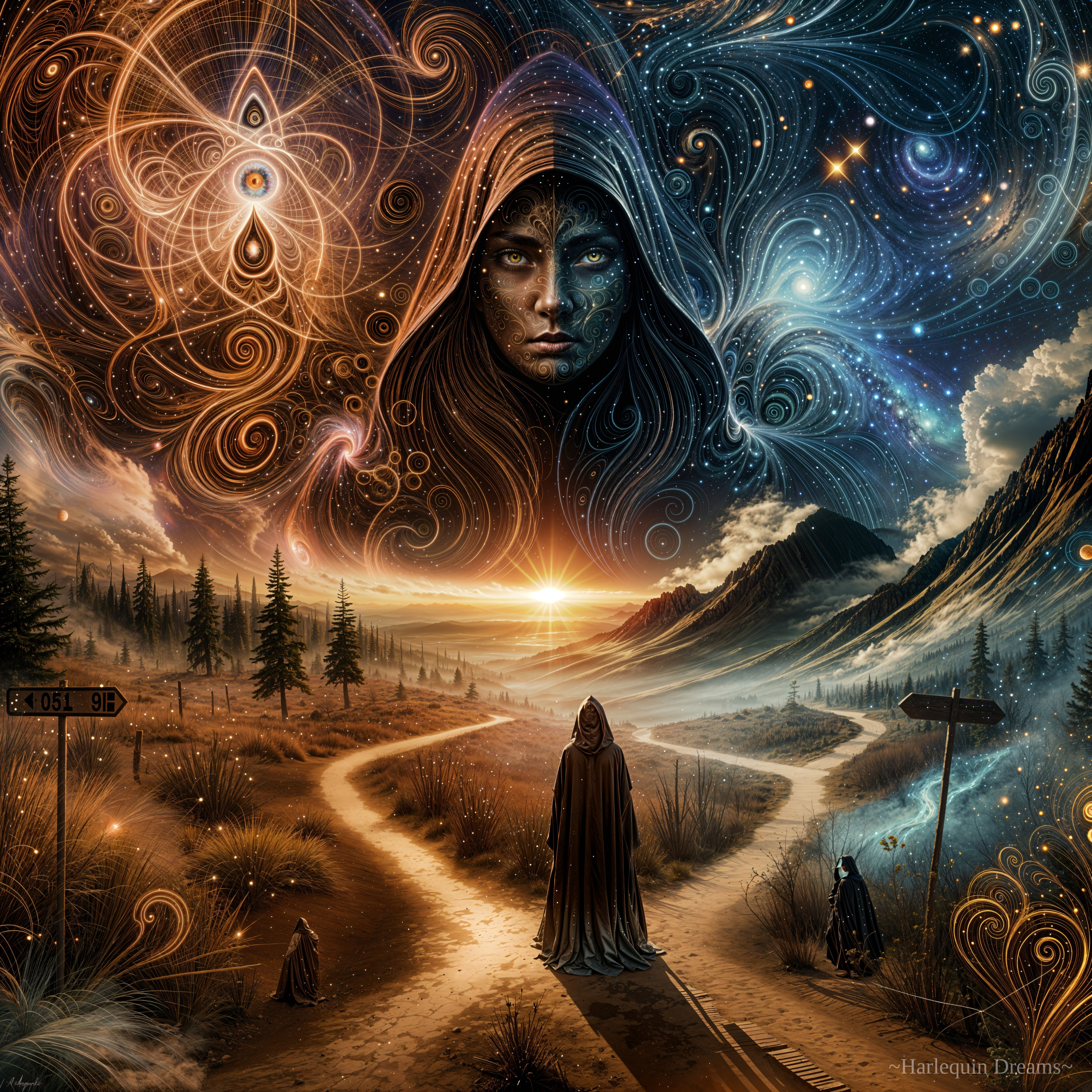 Hooded Figure at Crossroads in Surreal Landscape