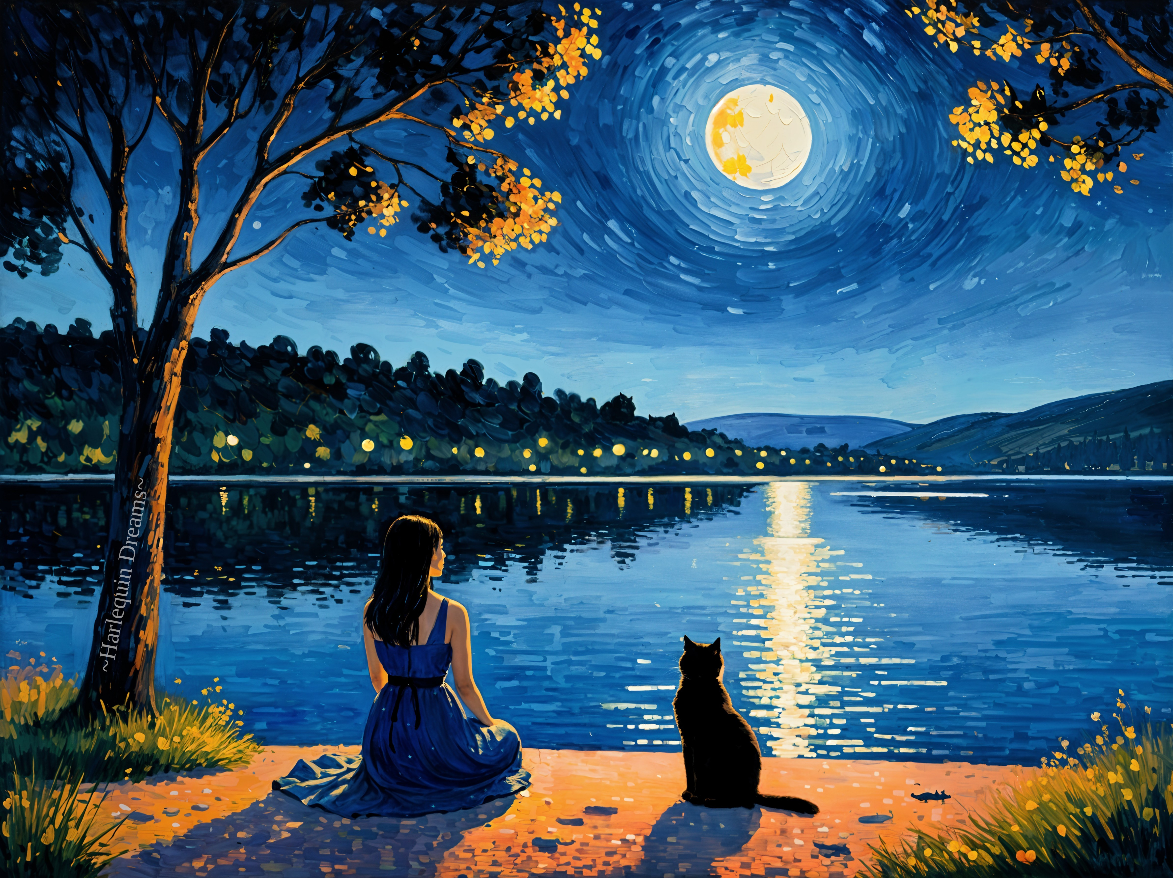 Serene Night Scene with Girl, Cat, and Full Moon