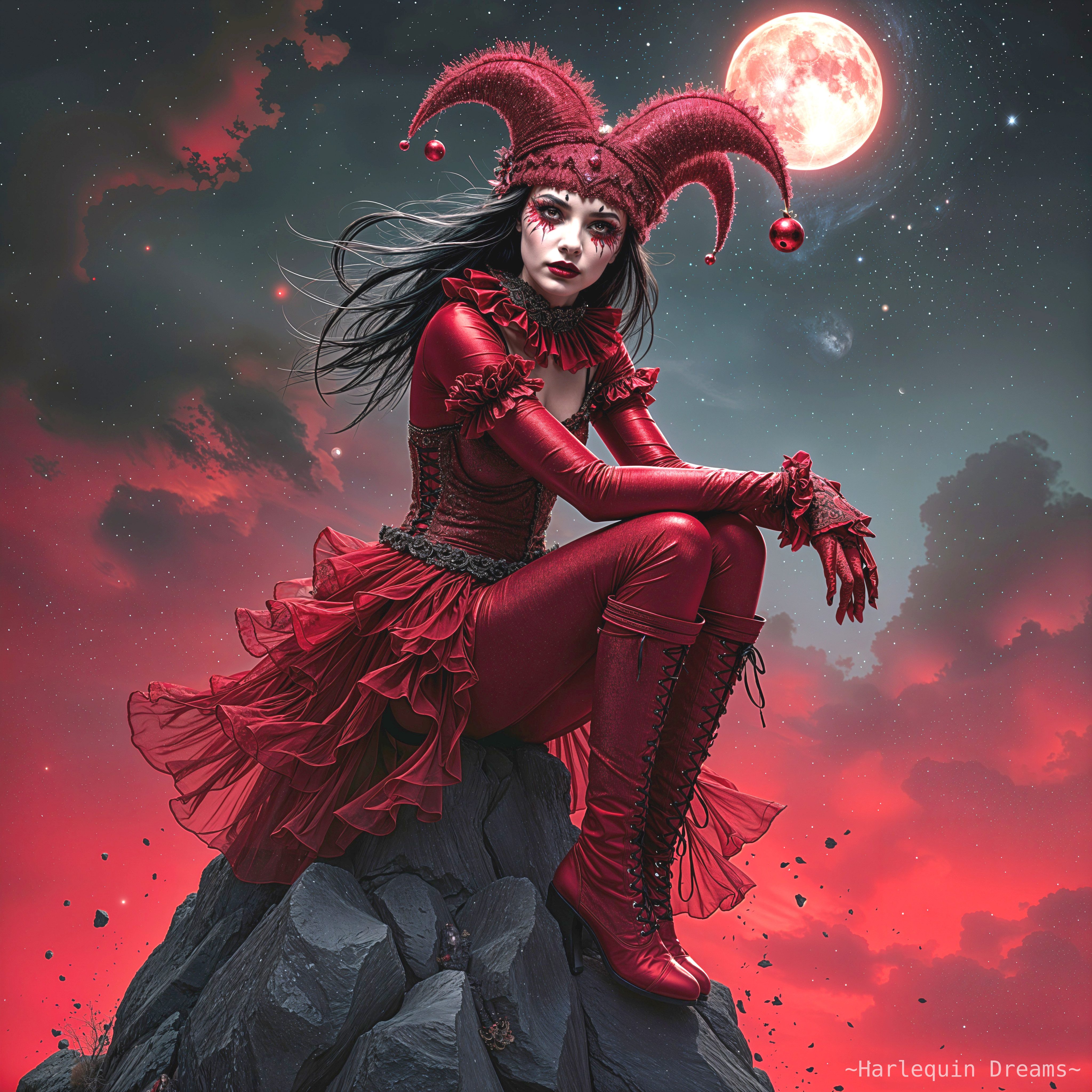 Harlequin figure on rocky outcrop under a red moon