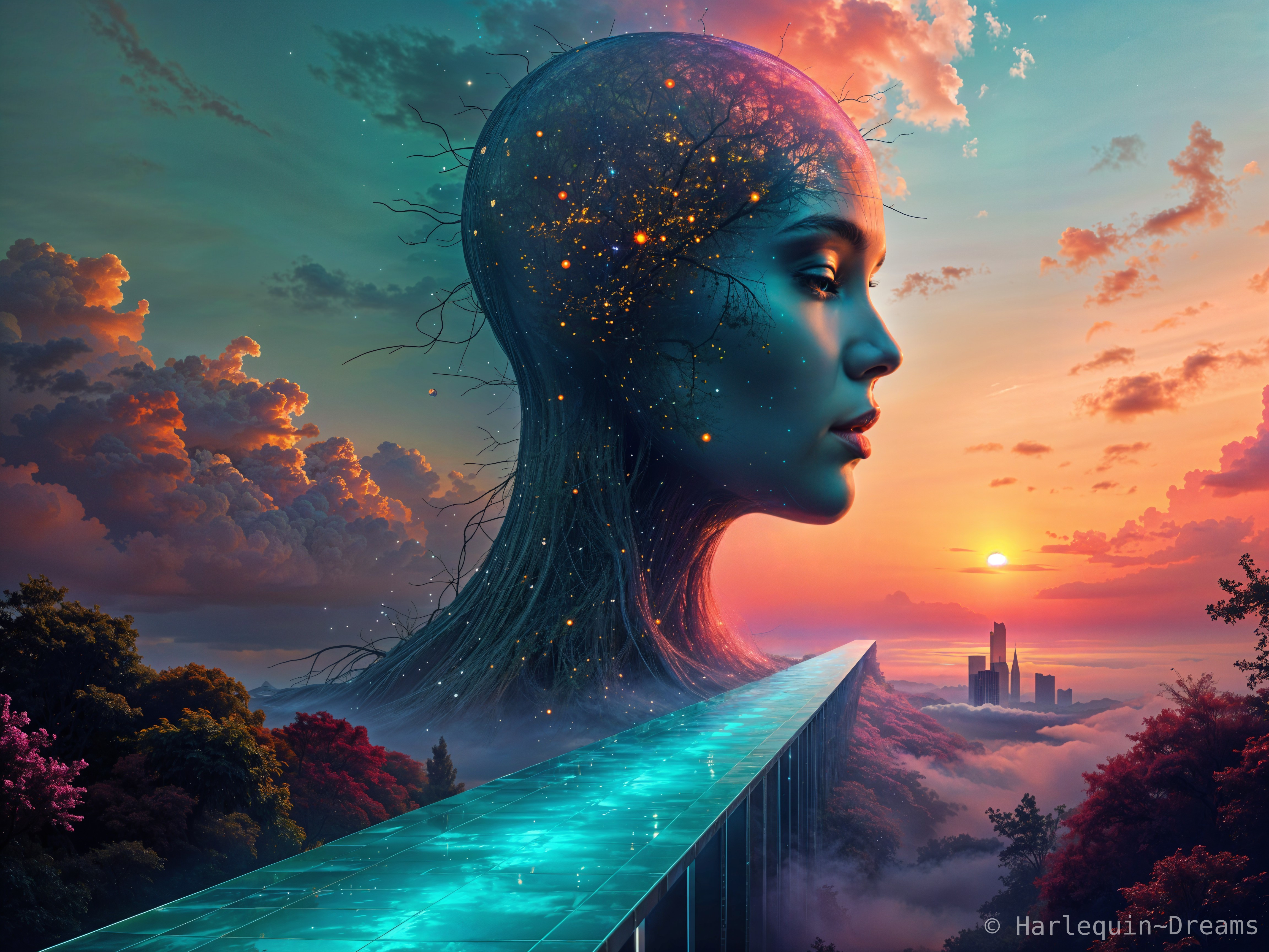 Surreal Landscape with Colossal Head and Sunset