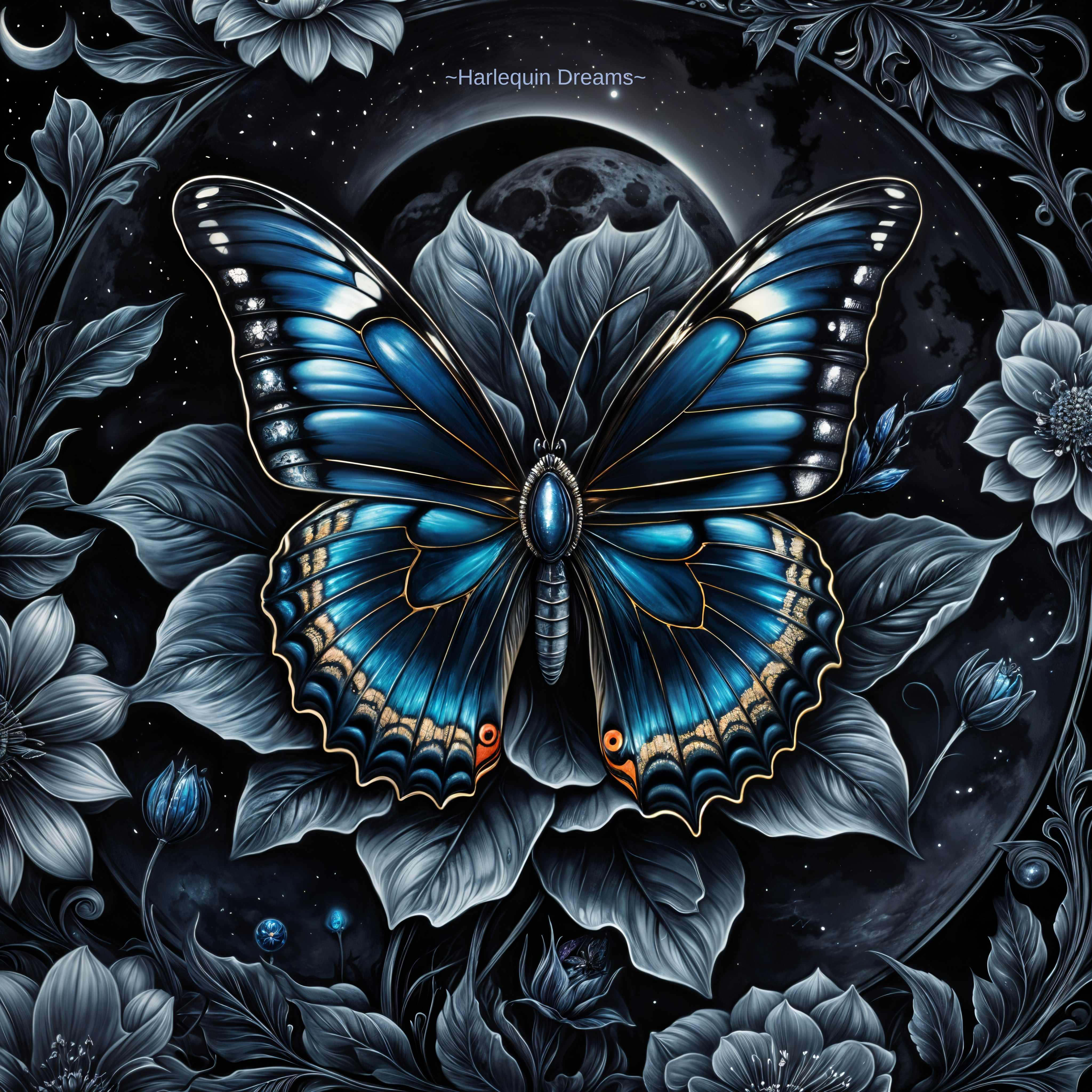 Blue Butterfly Among Dark Foliage and Celestial Motifs