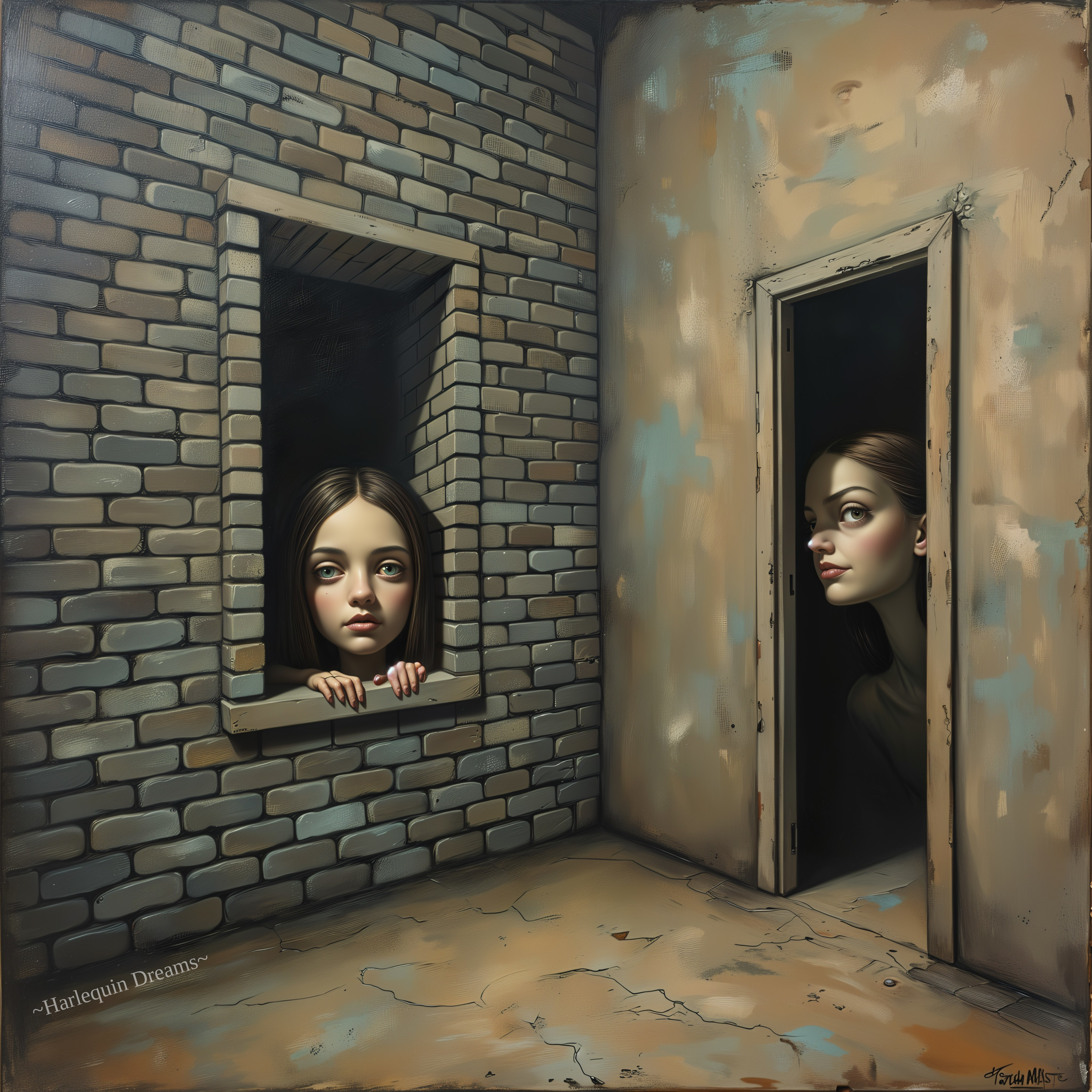 Surreal Artwork of Two Women in Dimly Lit Space
