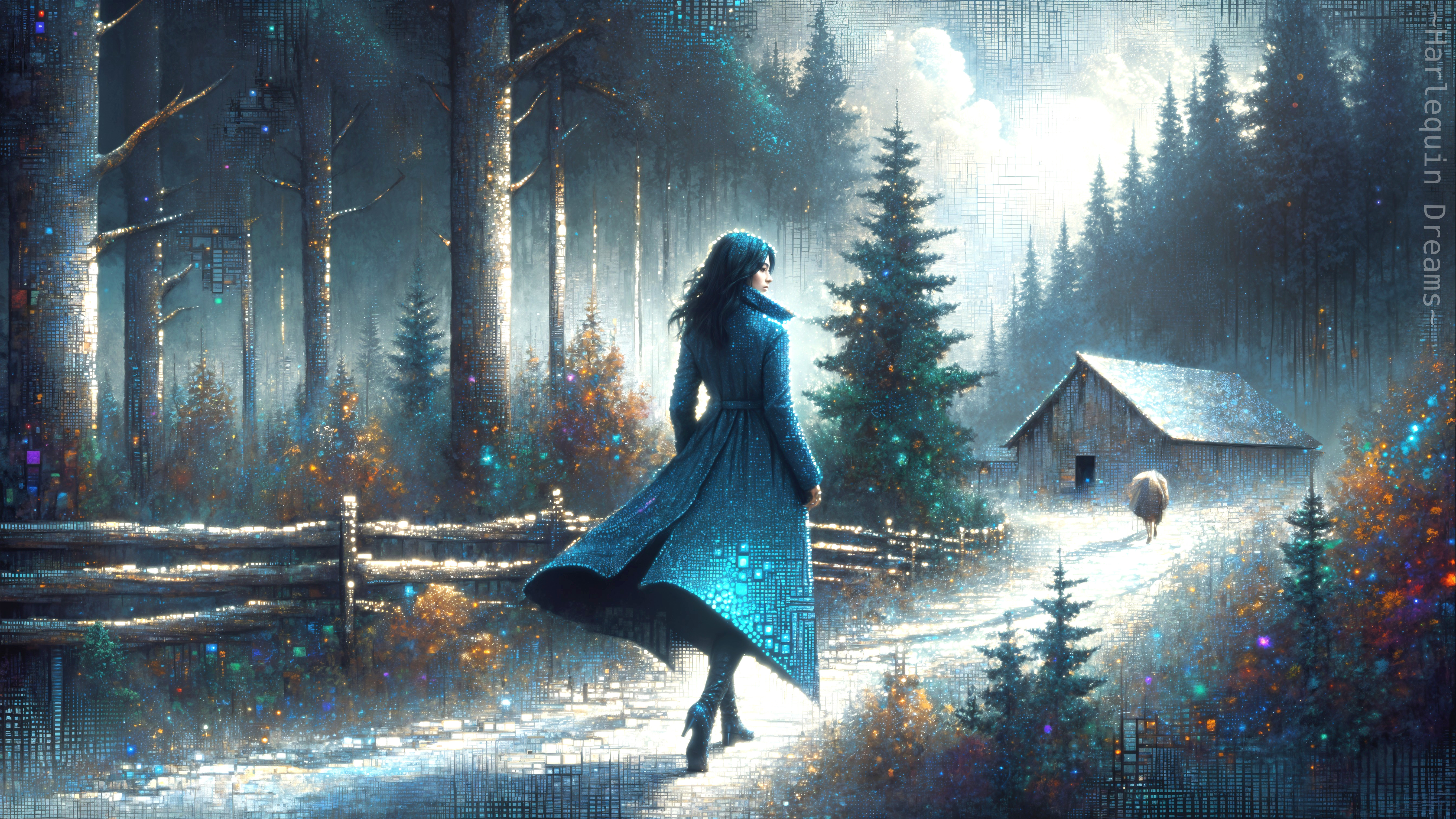 Solitary Figure on Misty Forest Path with Cabin