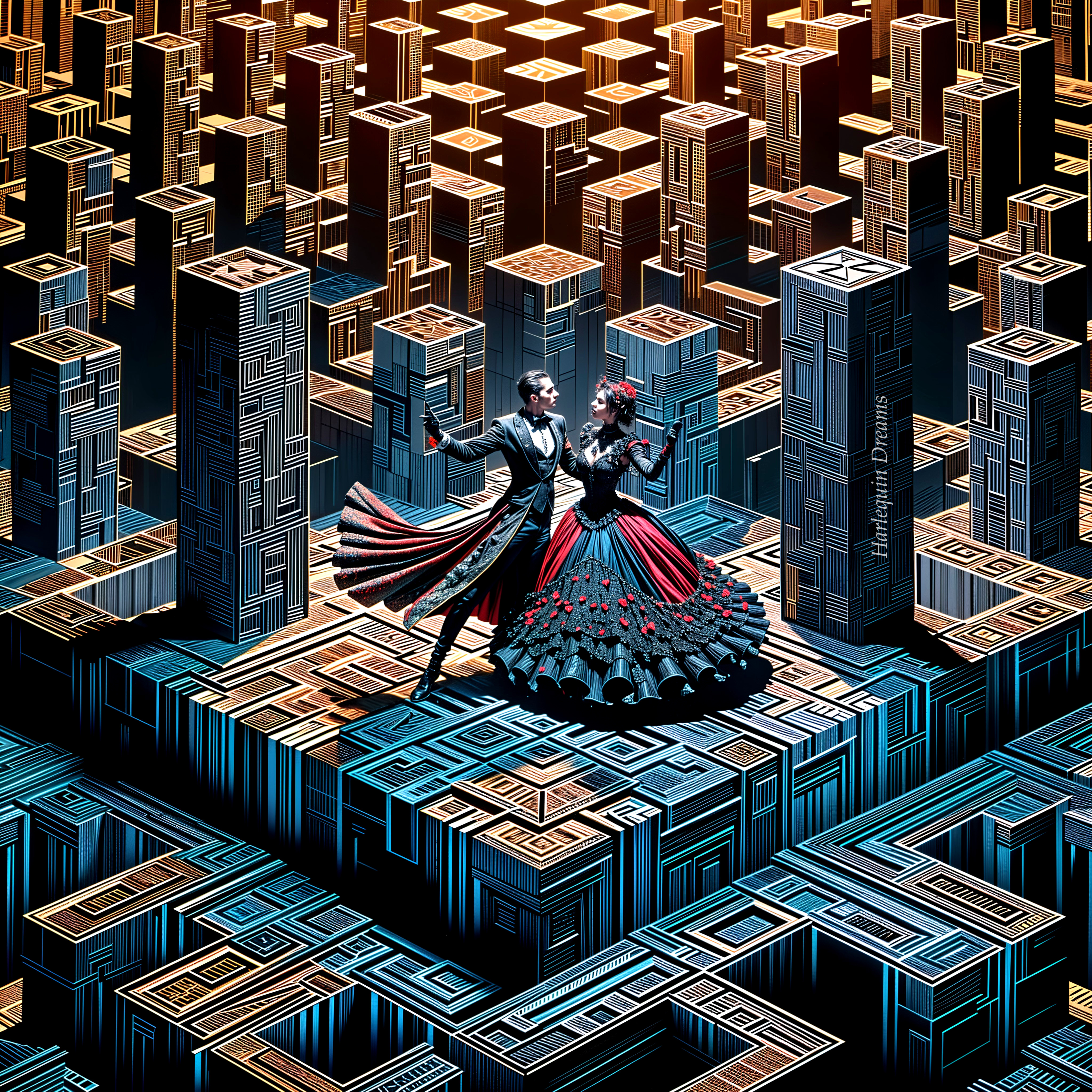 Couple Dancing in a Geometric Landscape Scene