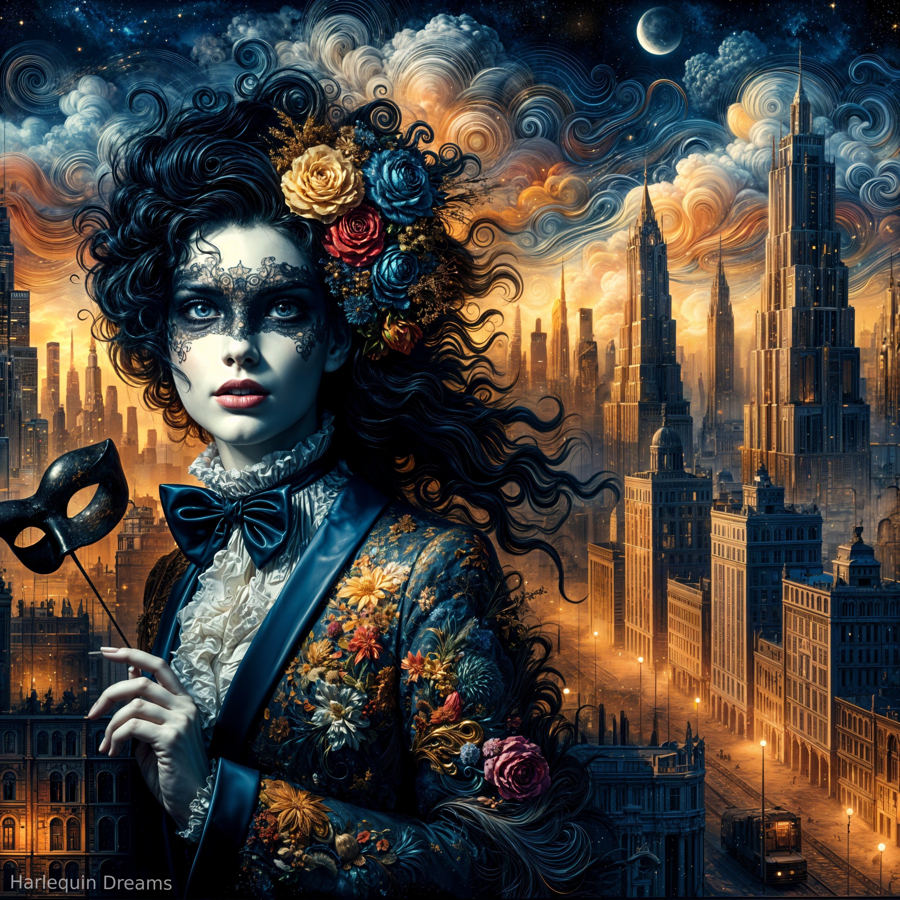 Mysterious Figure in Lavish Outfit Against Cityscape